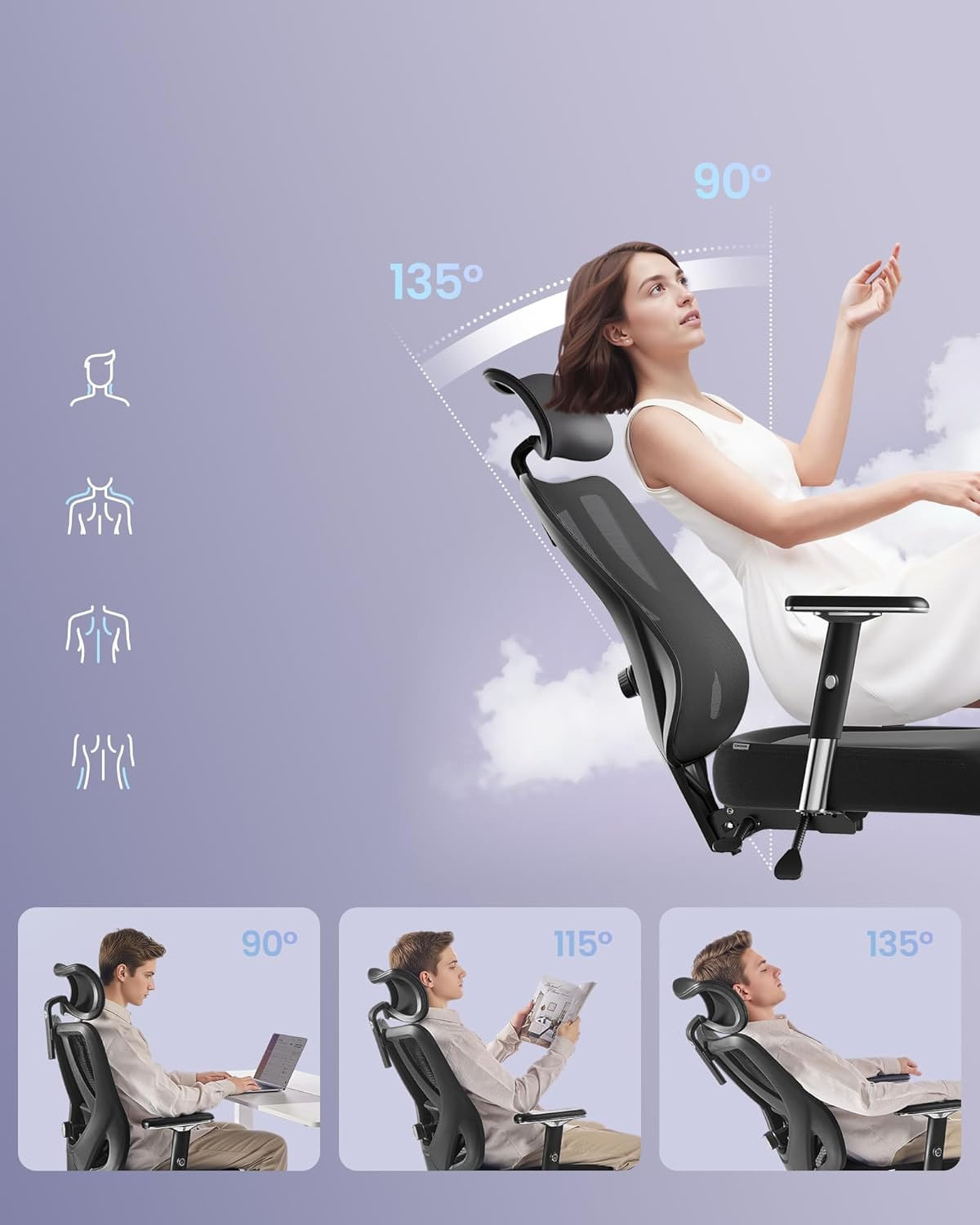 Scaun de birou ergonomic profesional, suport lombar reglabil, tetiera 2D, brate 4D, maxim 150 kg, 70x70x136 cm, negru — imaginea 4
