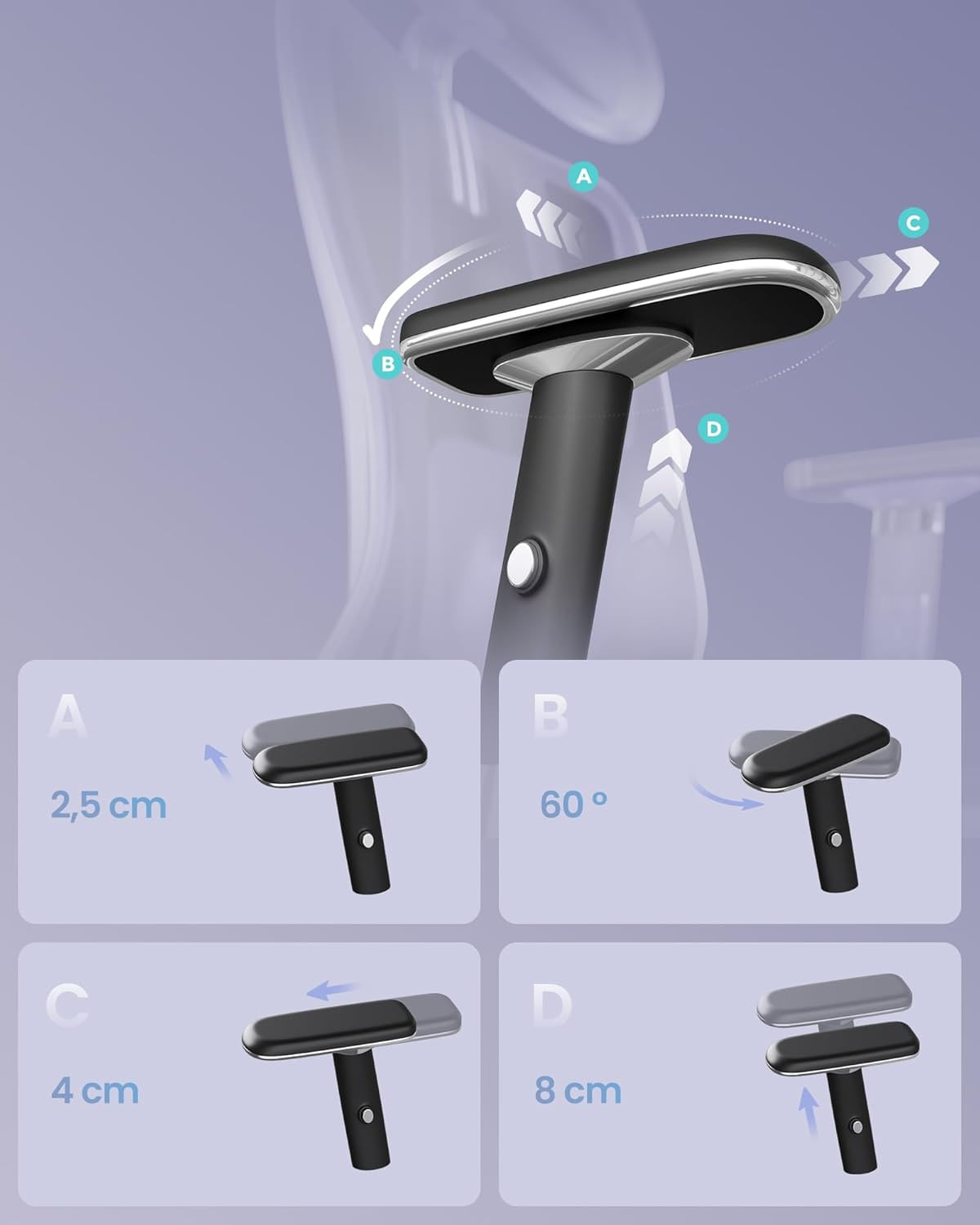 Scaun de birou ergonomic profesional, suport lombar reglabil, tetiera 2D, brate 4D, maxim 150 kg, 70x70x136 cm, negru — imaginea 7