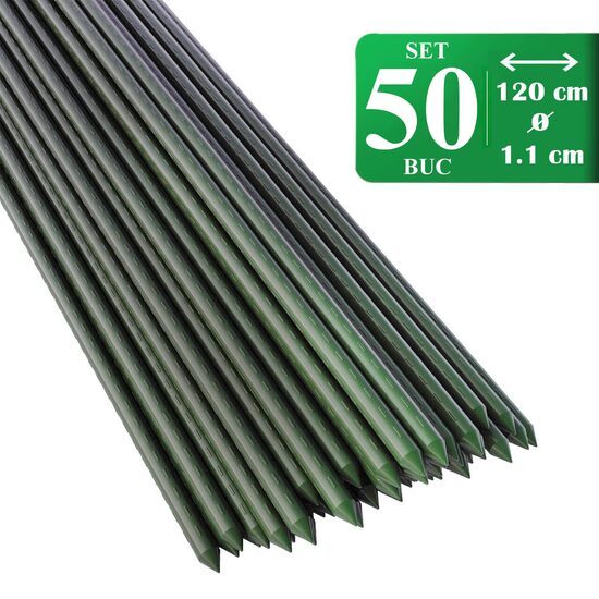 Set 50 araci/suport pentru rosii, castraveti, fasole, metal + PVC, verde, 120x1.1 cm, Artool