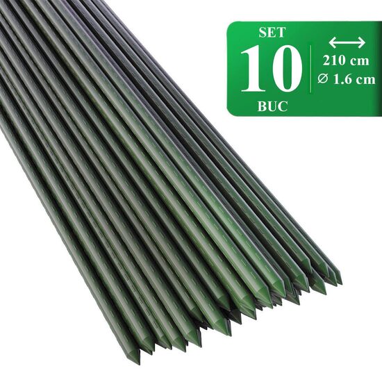 Set 10 araci/suport pentru rosii, castraveti, fasole, metal + PVC, verde, 210x1.6 cm, Artool