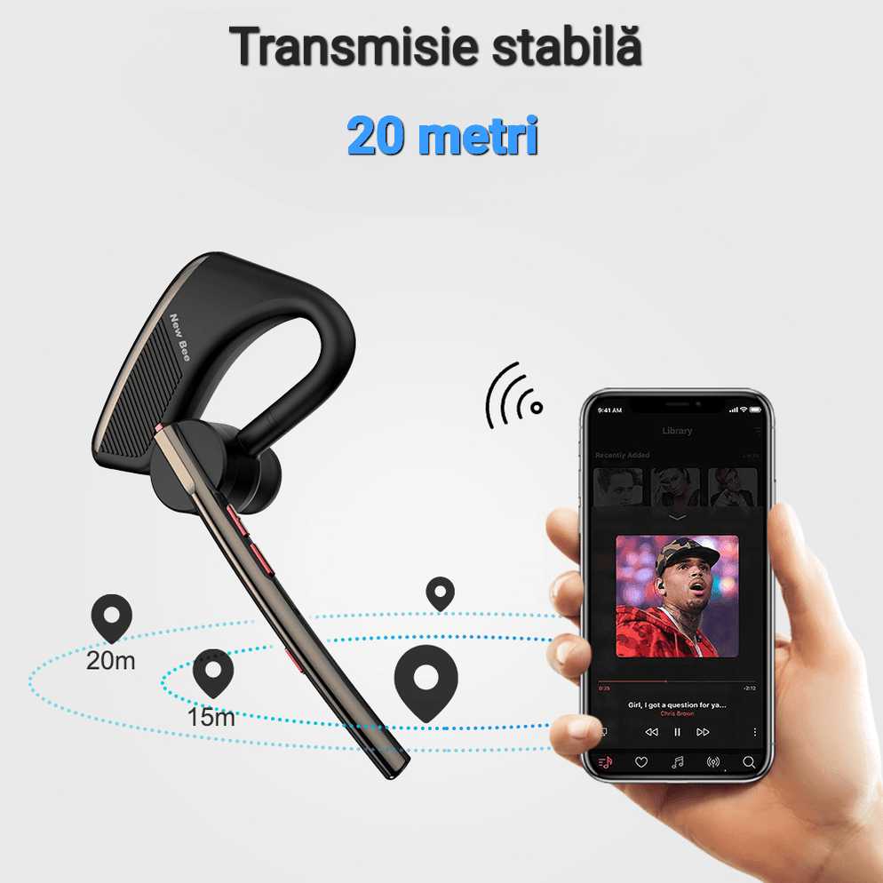 Casca Bluetooth New Bee M50, Baterie 24 ore, Reducere zgomot DSP, Cu husa, Sunet HD, Multipoint, Universala
