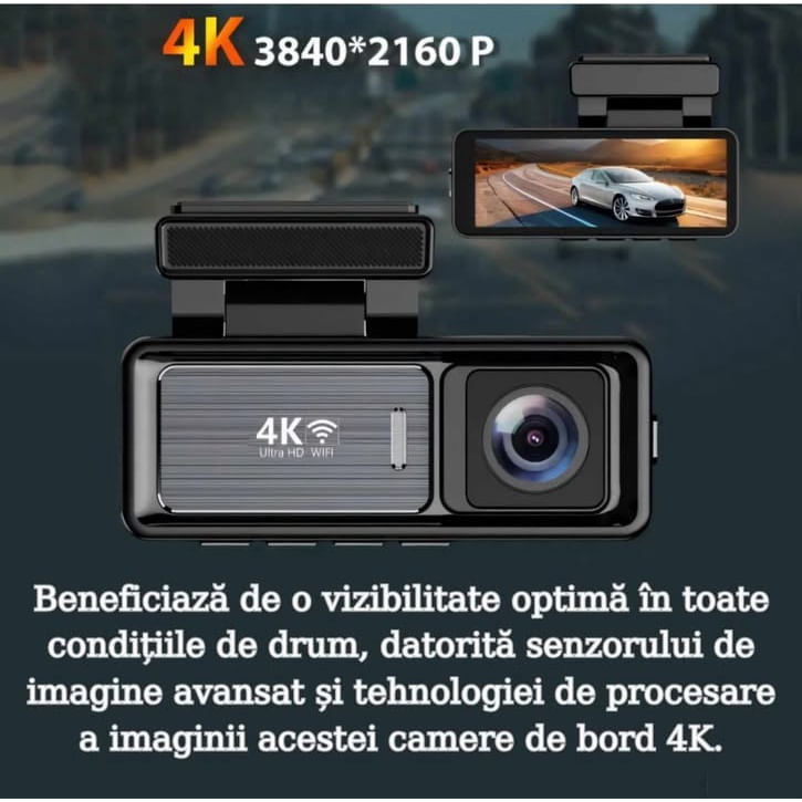 Camera Auto DVR 4K UHD dubla, Inclus Card 64GB + Kit 24 ore, Wi-Fi & GPS, Display 3.2 inch