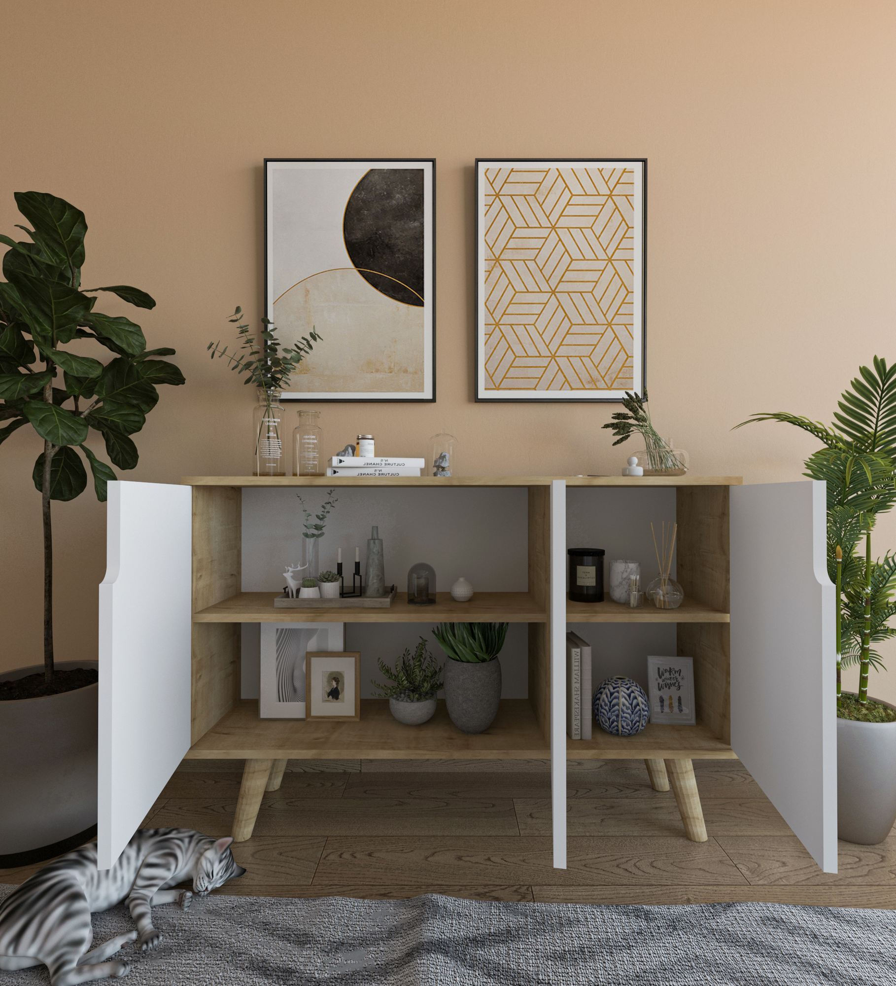 Consolă Hanah Home, PAL melaminat, 120 x 30 x 80 cm, sapphire stejar/alb, 469ORN1522 — imaginea 5