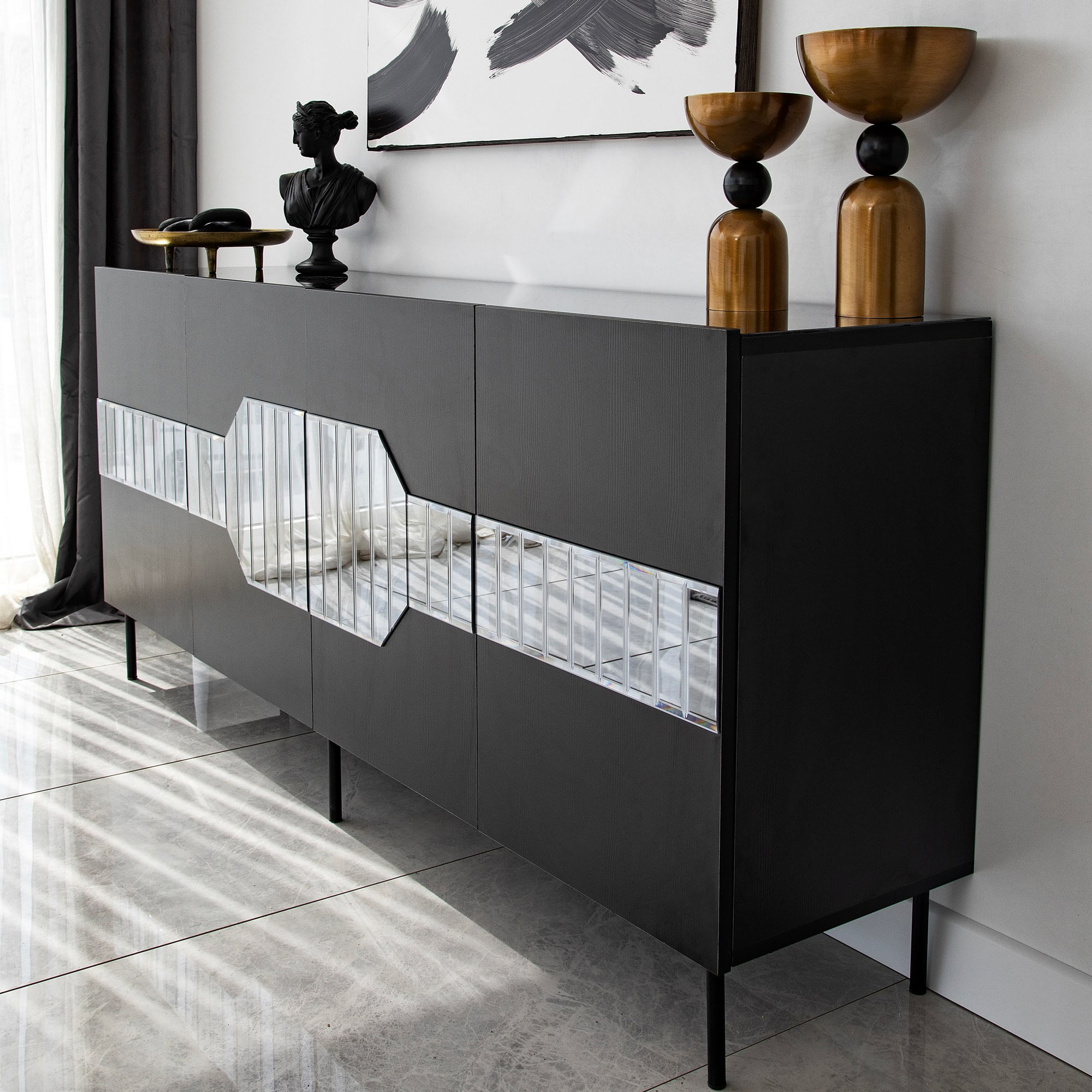 Consolă Hanah Home, PAL melaminat, 180 x 40 x 80 cm, negru/fume, 552NOS1806