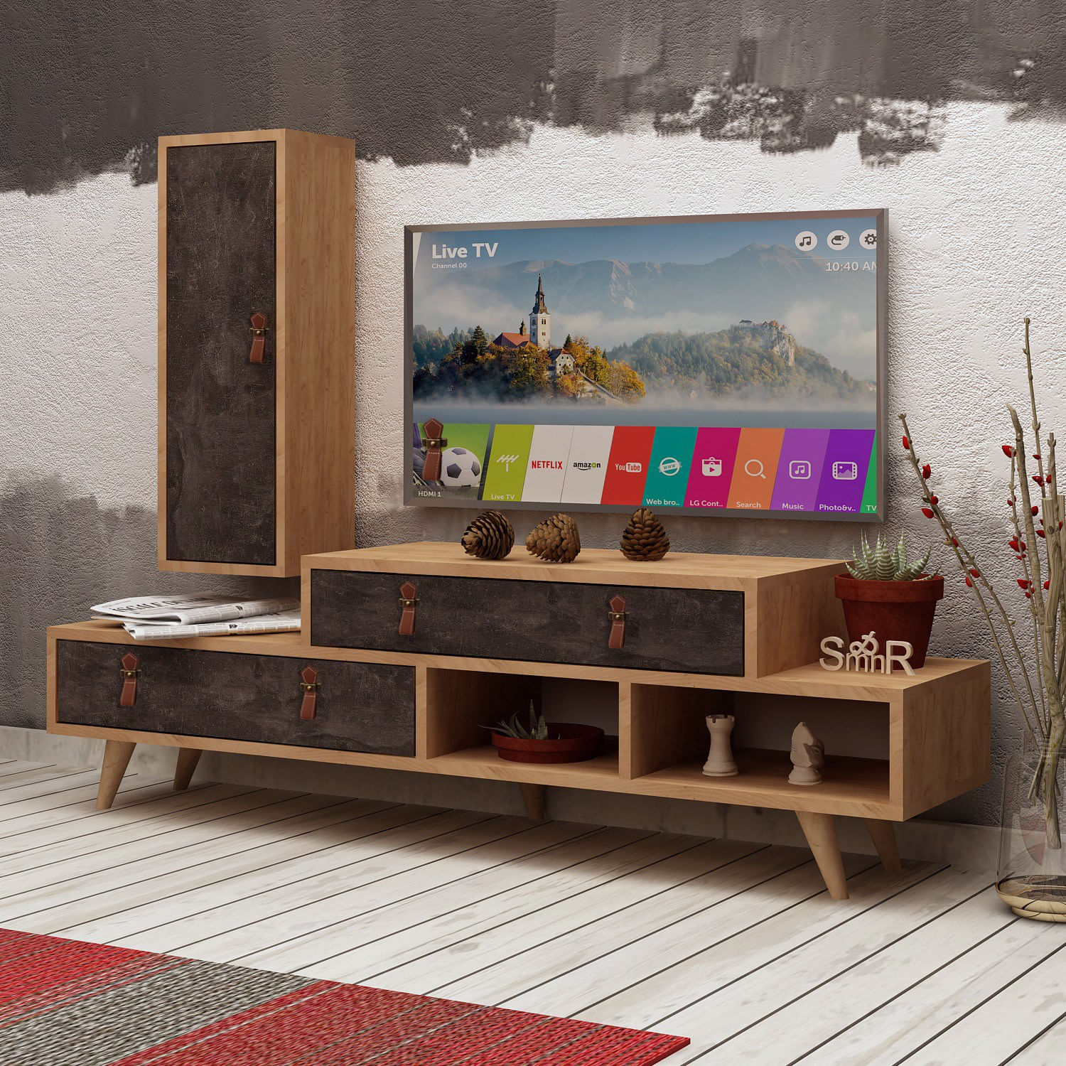 Unitate TV Hanah Home, PAL melaminat, 30 x 25 x 70 cm, stejar/închis gri, 811MDD3011 — imaginea 4
