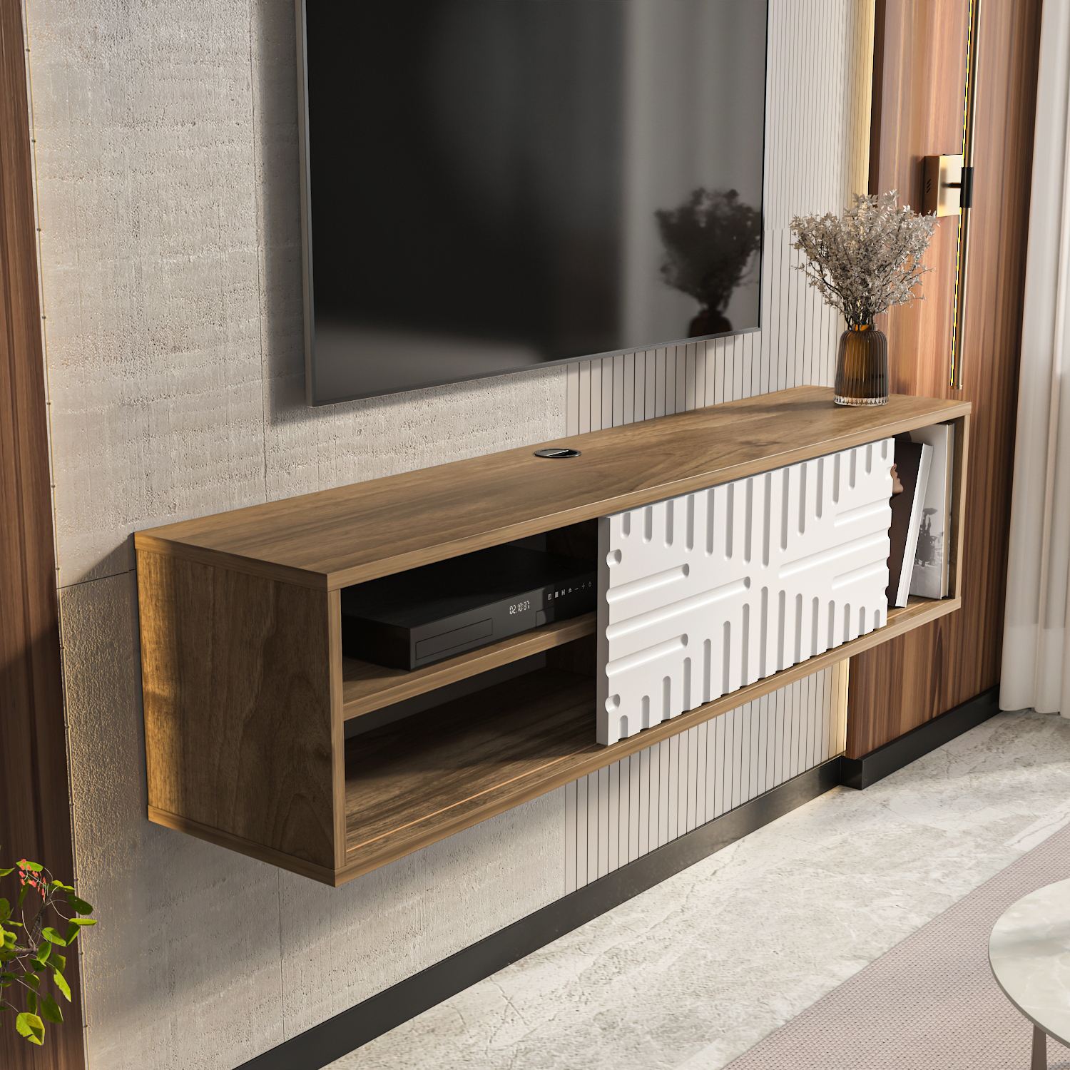 Comodă TV Hanah Home, PAL melaminat, 140 x 29.5 x 29.5 cm, nuc/alb, 875ZNA5337 — imaginea 2