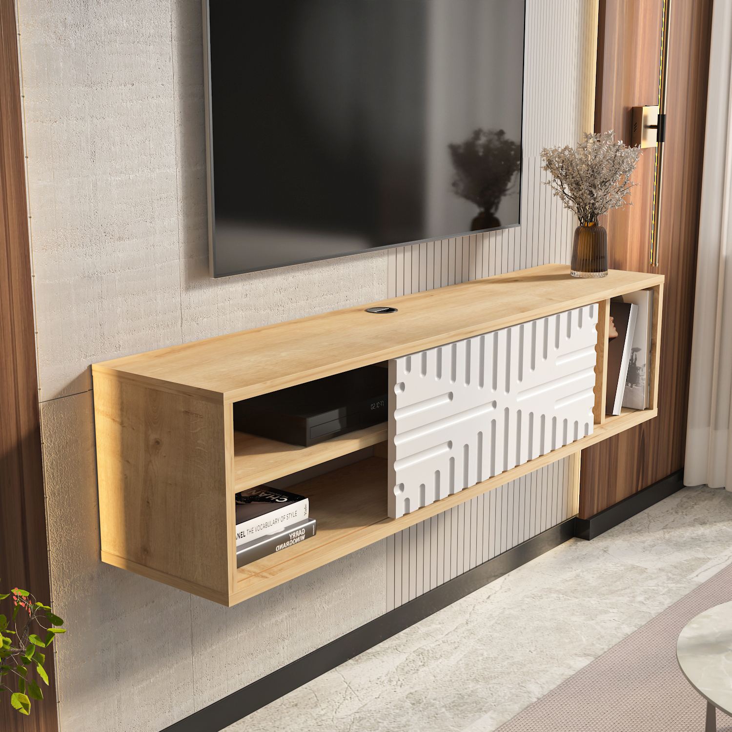 Comodă TV Hanah Home, PAL melaminat, 140 x 29.5 x 29.5 cm, sapphire stejar/alb, 875ZNA5338 — imaginea 3