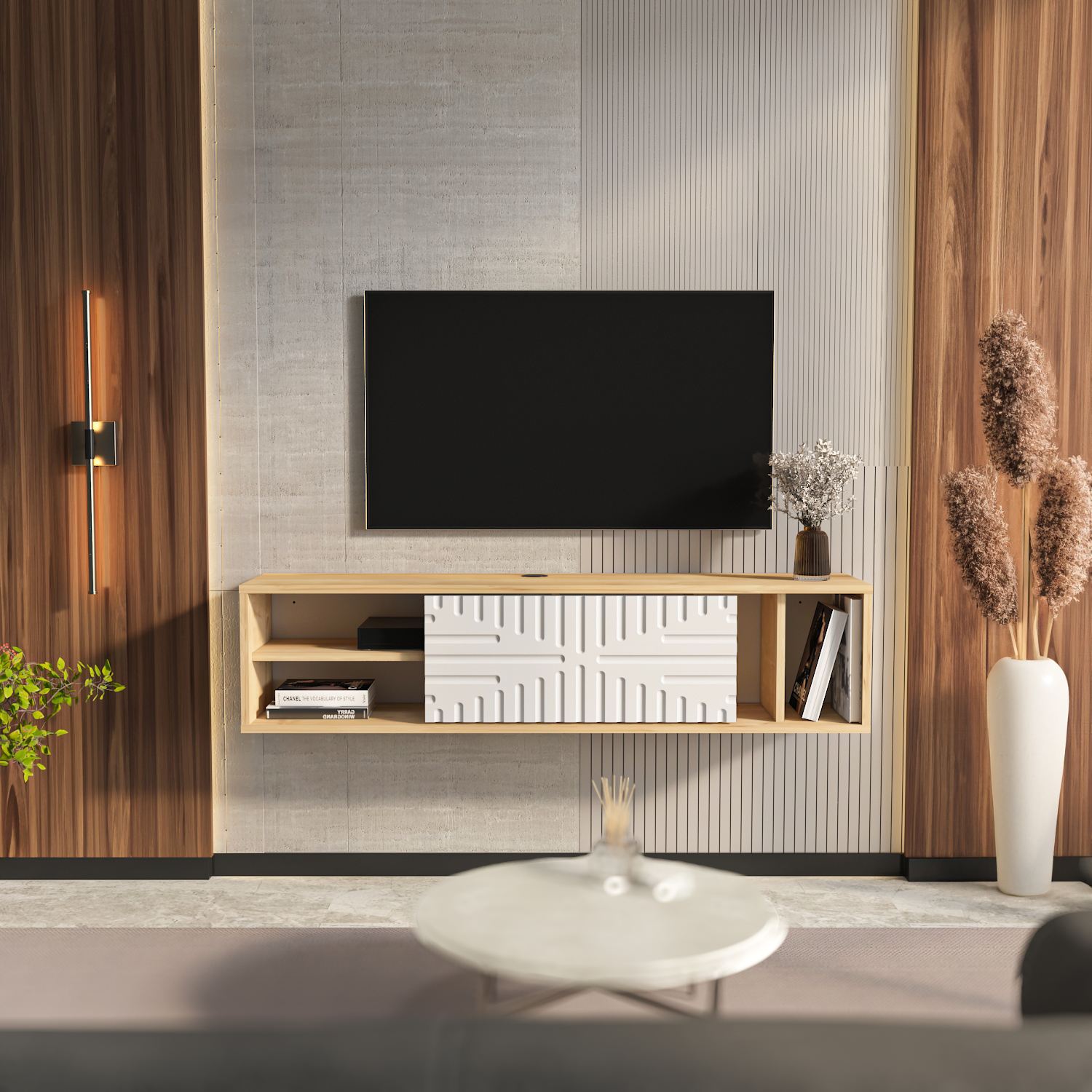 Comodă TV Hanah Home, PAL melaminat, 140 x 29.5 x 29.5 cm, sapphire stejar/alb, 875ZNA5338 — imaginea 4