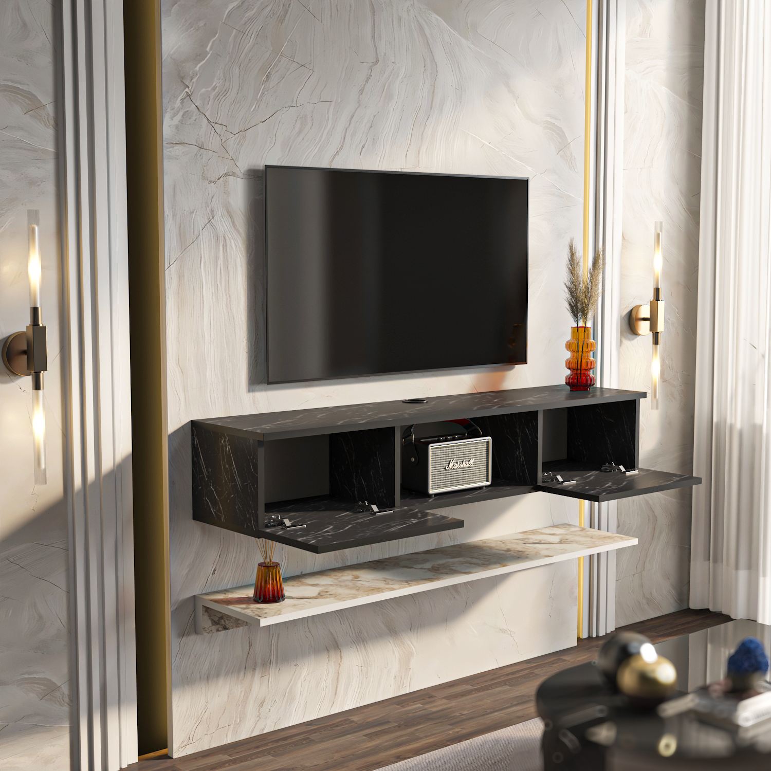 Comodă TV Hanah Home, PAL melaminat, 140 x 32 x 25.6 cm, ephesus/alb, 875ZNA5355 — imaginea 2