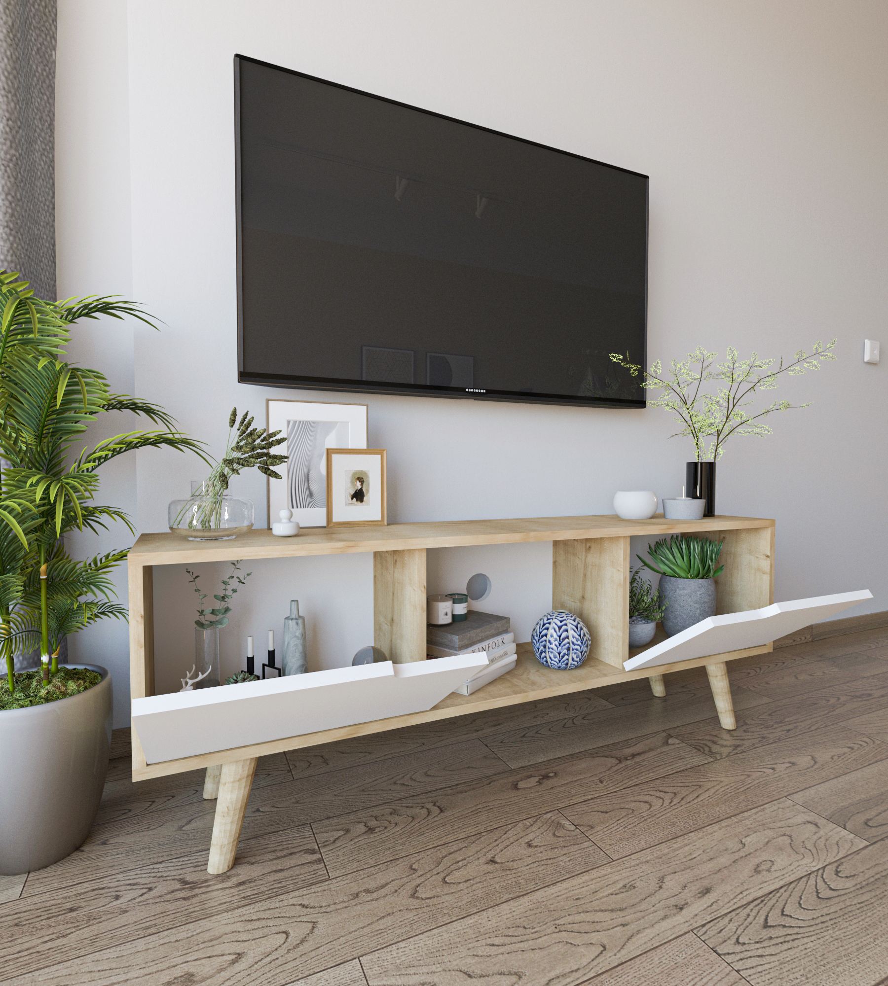 Comodă TV Hanah Home, PAL melaminat, 139.7 x 53 x 53 cm, sapphire stejar/alb, 469ORN1720 — imaginea 2