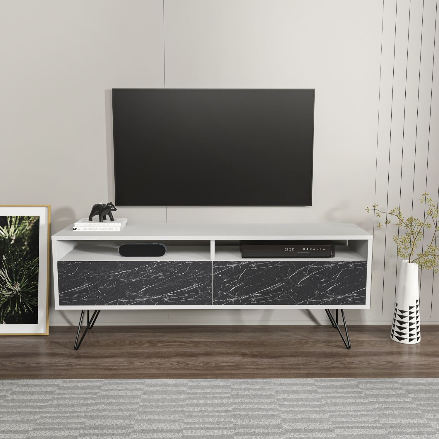 Comodă TV Hanah Home, PAL melaminat, 140 x 35 x 53.2 cm, alb/negru, 875ZNA5345 — imaginea 3