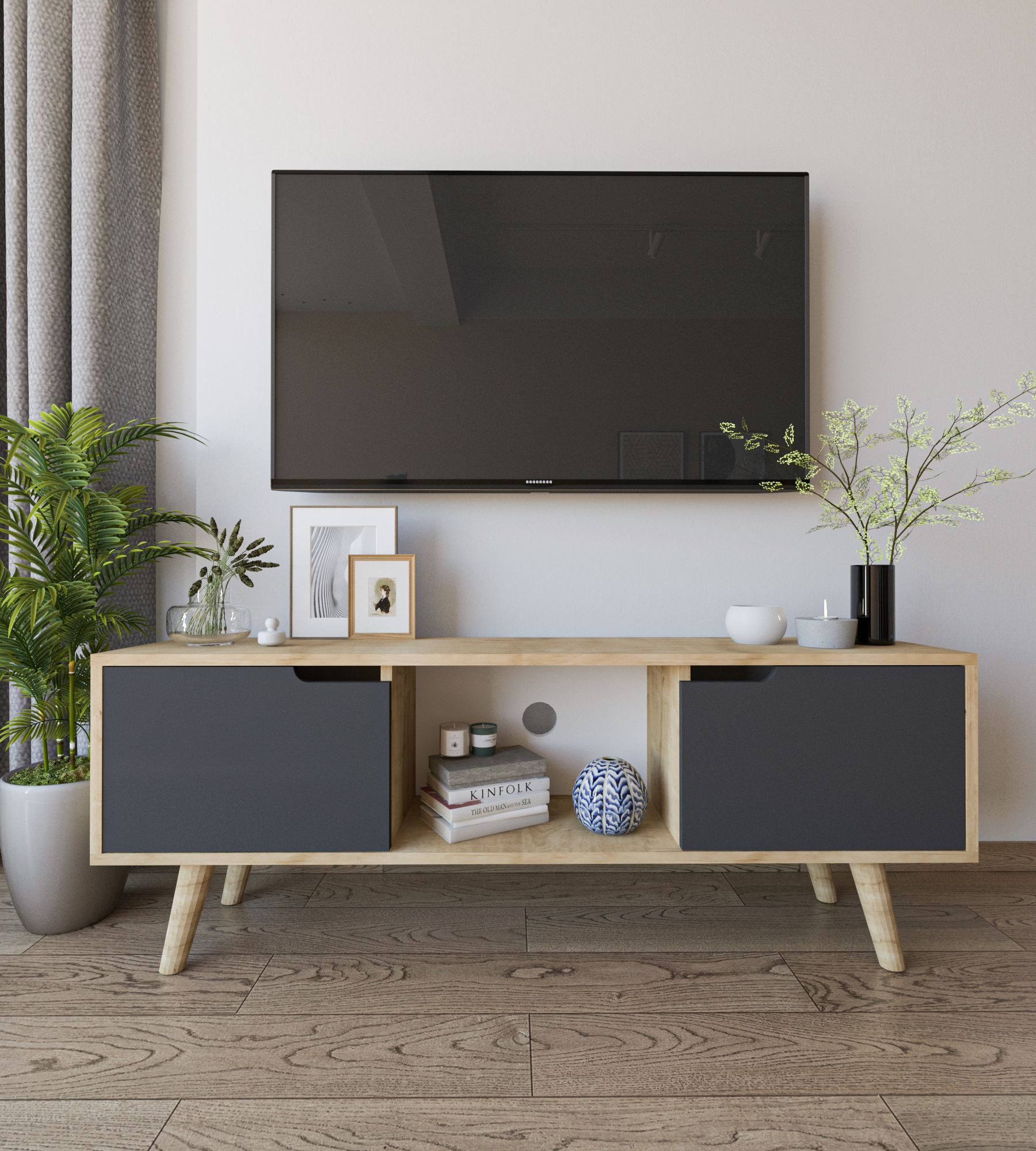Comodă TV Hanah Home, PAL melaminat, 139.7 x 53 x 53 cm, sapphire stejar/antracit, 469ORN1719 — imaginea 2