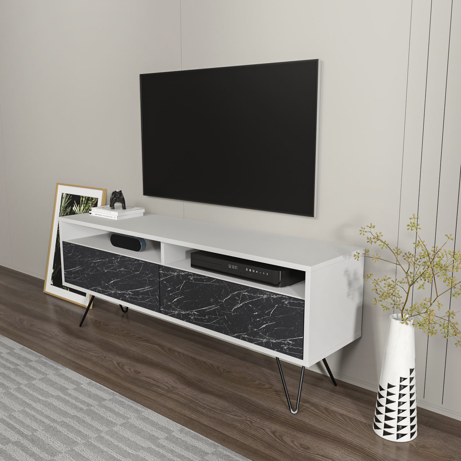 Comodă TV Hanah Home, PAL melaminat, 140 x 35 x 53.2 cm, alb/negru, 875ZNA5345 — imaginea 6