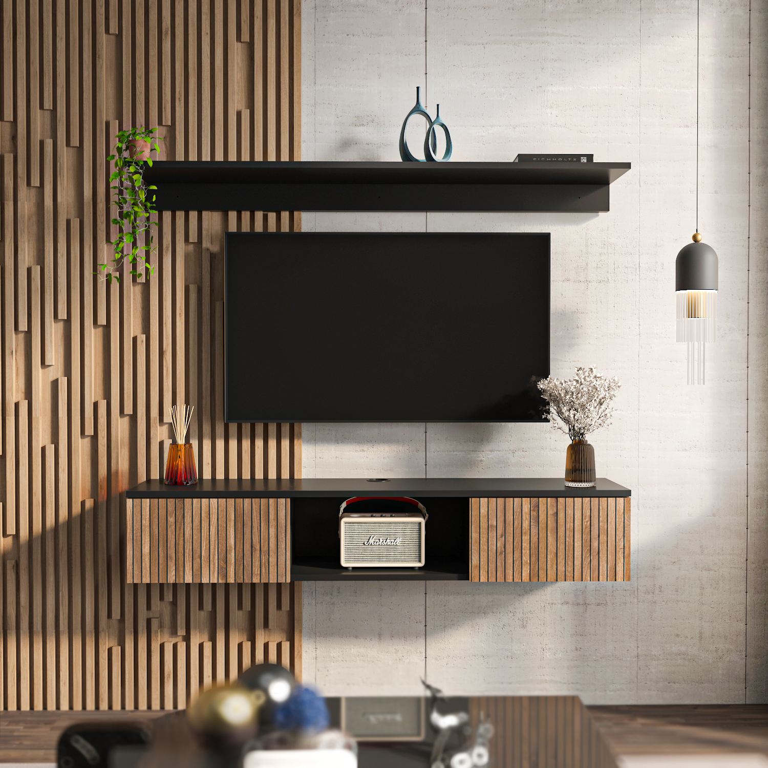 Comodă TV Hanah Home, PAL melaminat, 140 x 32 x 25.6 cm, lemn/negru, 875ZNA5352