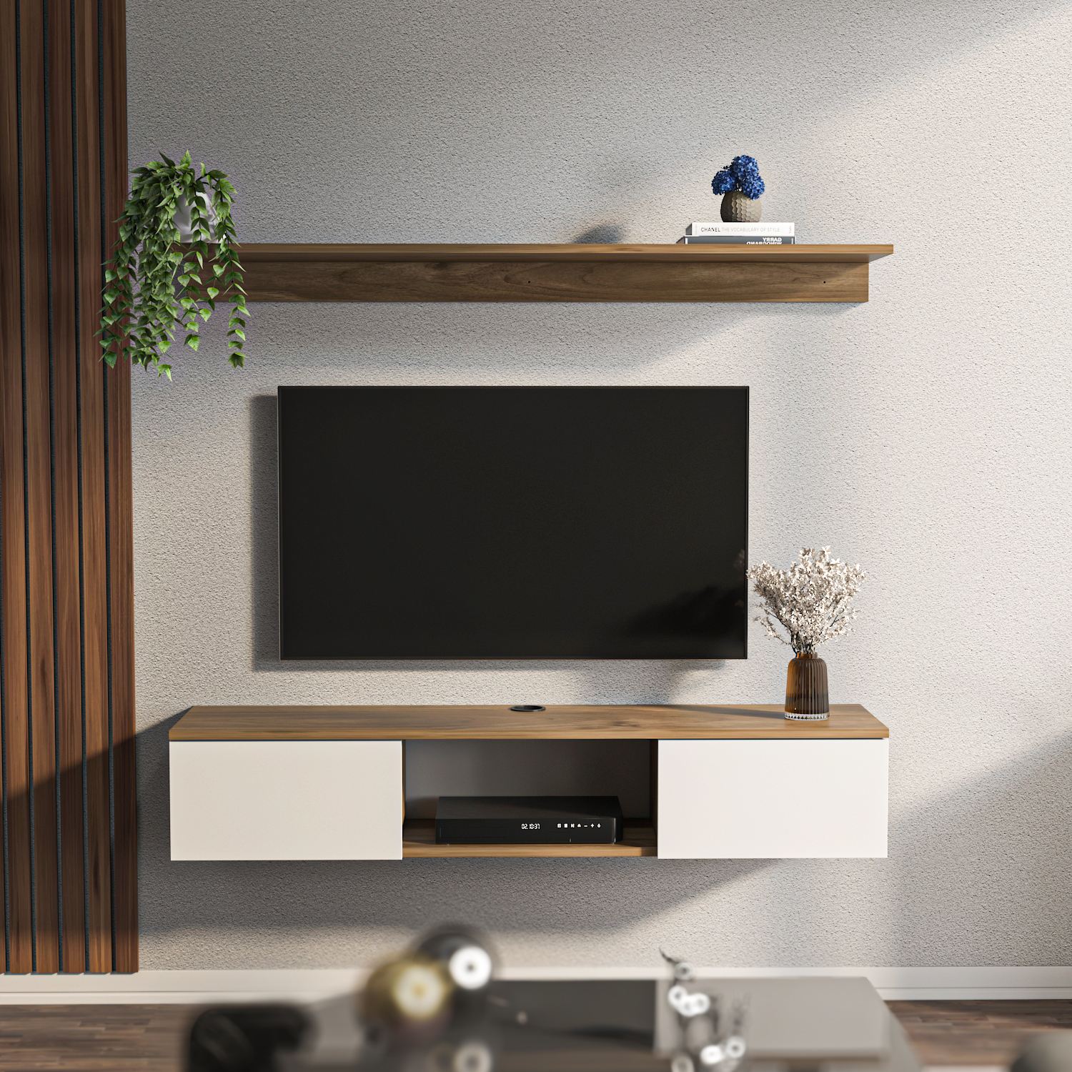 Comodă TV Hanah Home, PAL melaminat, 140 x 32 x 25.6 cm, nuc/alb, 875ZNA5353 — imaginea 2