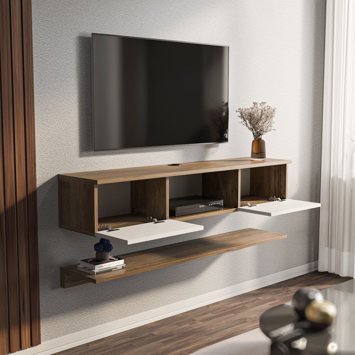 Comodă TV Hanah Home, PAL melaminat, 140 x 32 x 25.6 cm, nuc/alb, 875ZNA5353 — imaginea 3