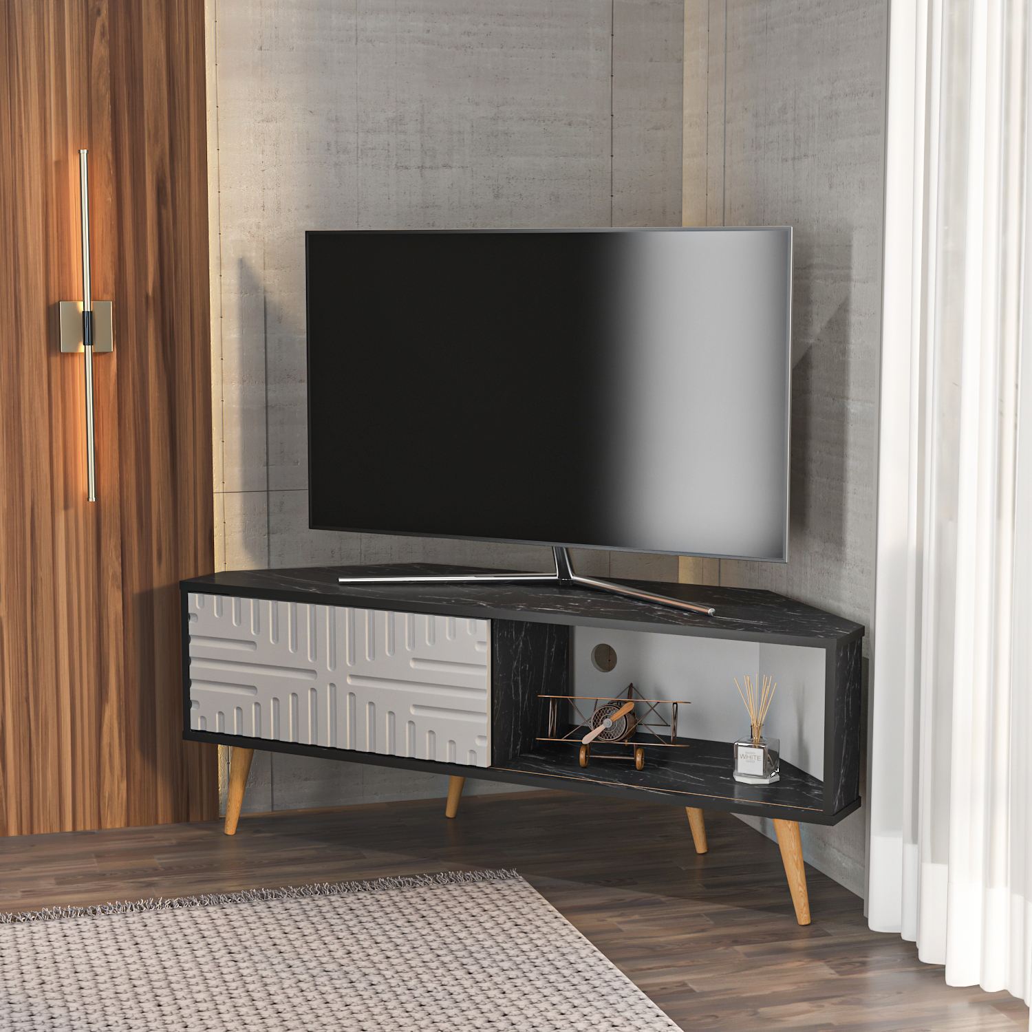 Comodă TV Hanah Home, PAL melaminat, 140 x 45 x 54 cm, negru/alb, 875ZNA5324 — imaginea 2