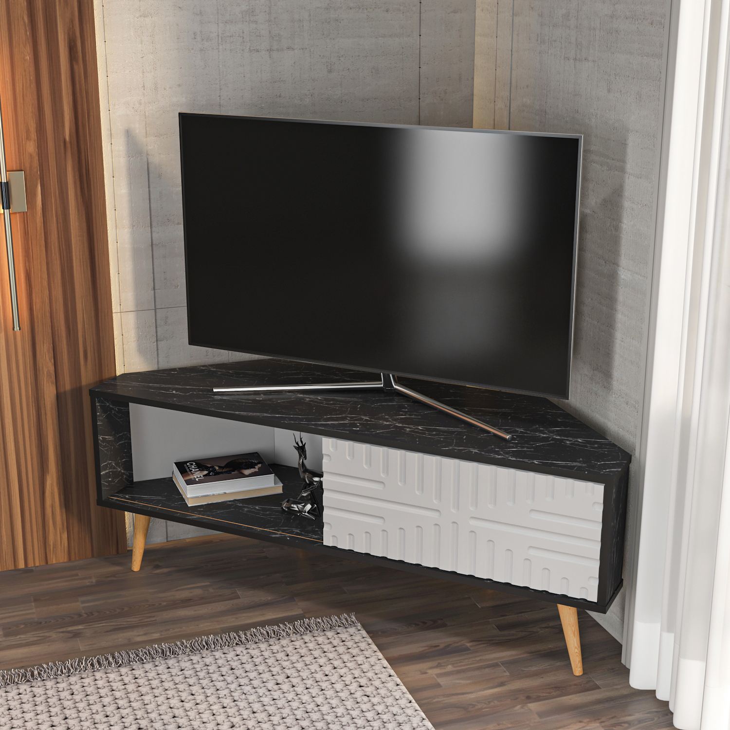 Comodă TV Hanah Home, PAL melaminat, 140 x 45 x 54 cm, negru/alb, 875ZNA5324 — imaginea 5