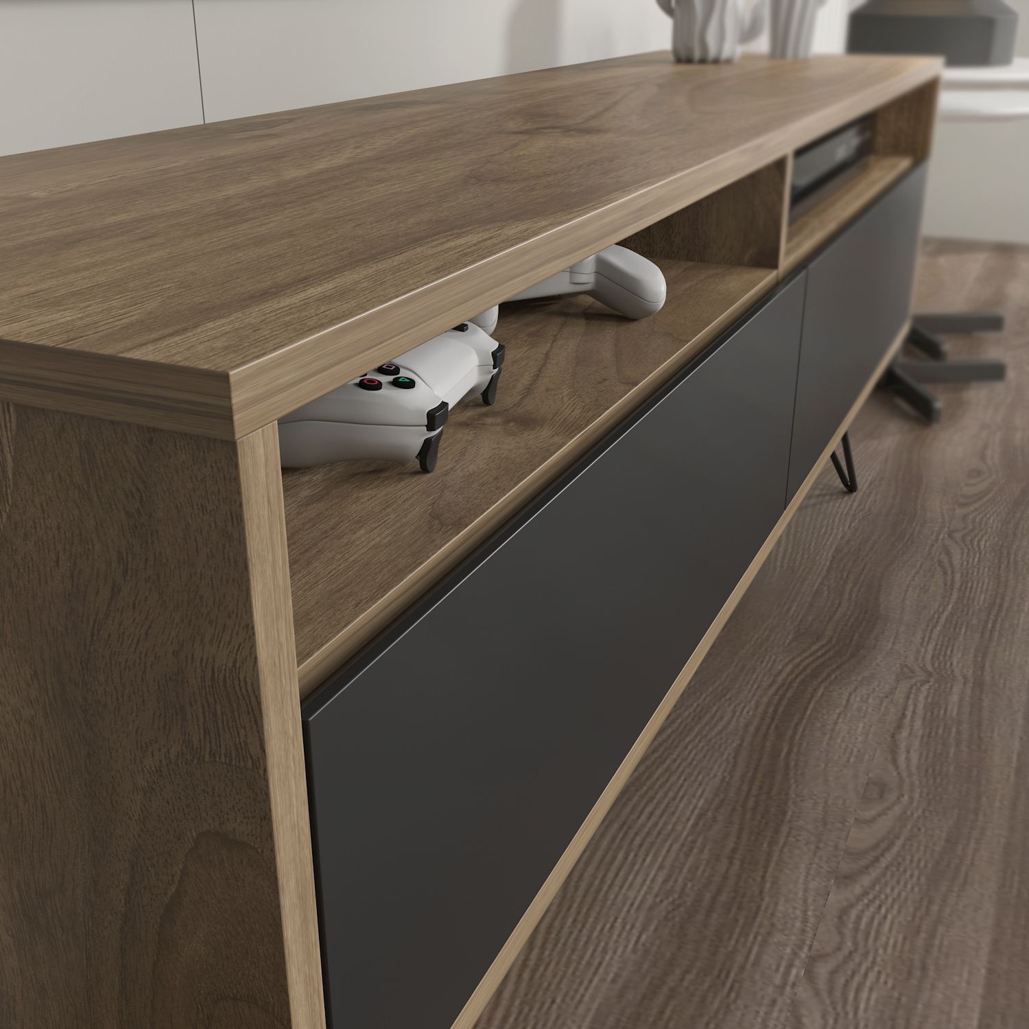 Comodă TV Hanah Home, PAL melaminat, 140 x 35 x 53.2 cm, nuc/negru, 875ZNA5347 — imaginea 2