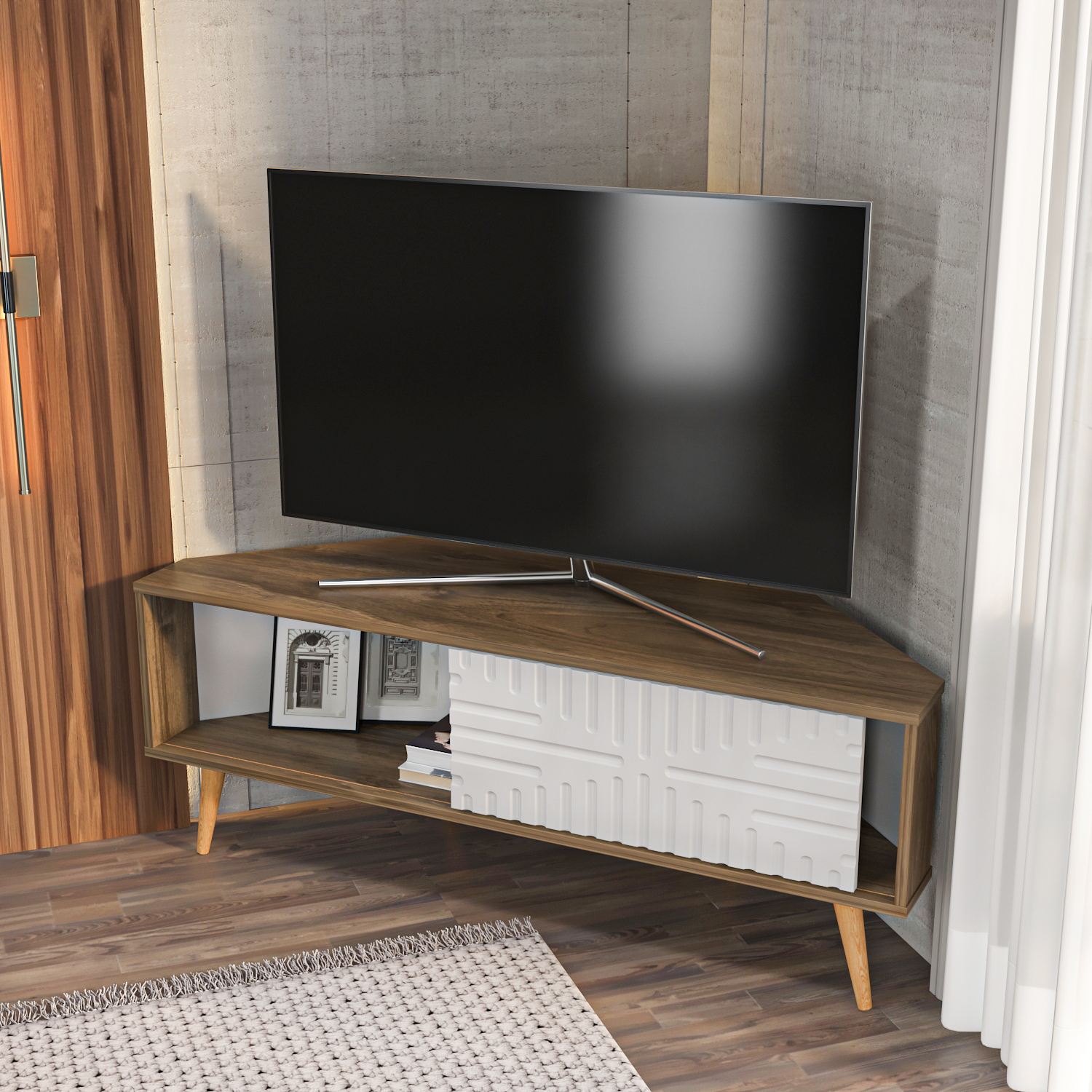 Comodă TV Hanah Home, PAL melaminat, 140 x 45 x 54 cm, nuc/alb, 875ZNA5325 — imaginea 3