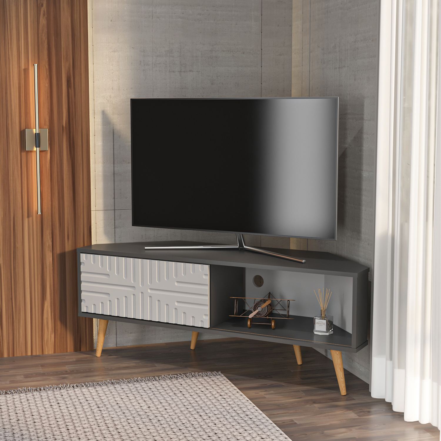 Comodă TV Hanah Home, PAL melaminat, 140 x 45 x 54 cm, antracit/alb, 875ZNA5323 — imaginea 5