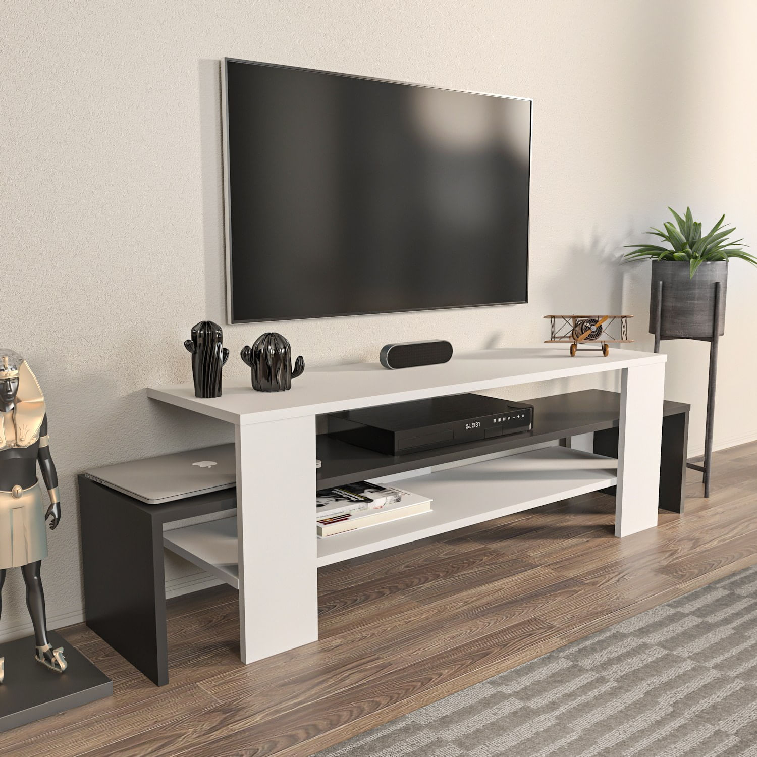Comodă TV Hanah Home, PAL melaminat, 150 x 35 x 45 cm, alb/antracit, 875ZNA4599 — imaginea 3
