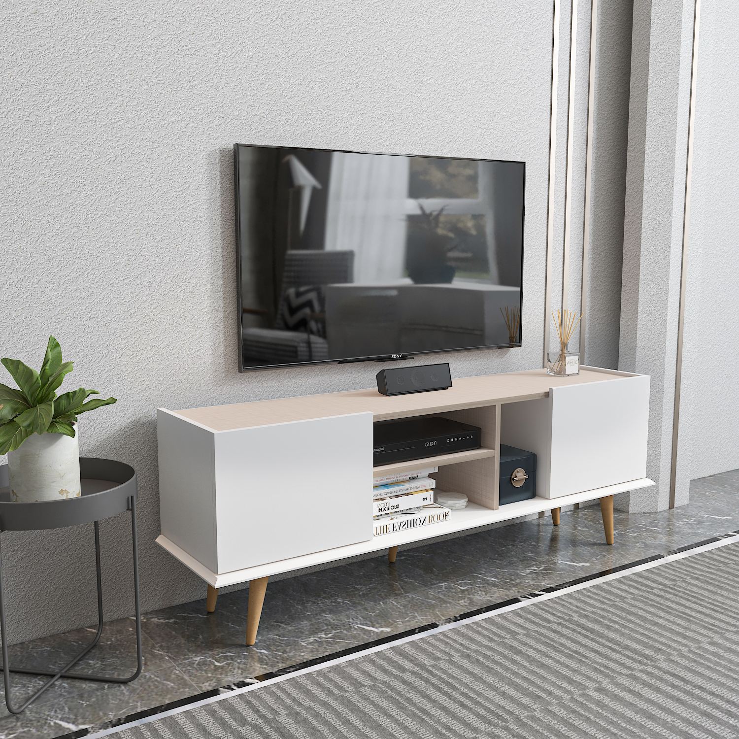 Comodă TV Hanah Home, PAL melaminat, 154.4 x 31.3 x 56.6 cm, alb/bej, 875ZNA5349 — imaginea 3