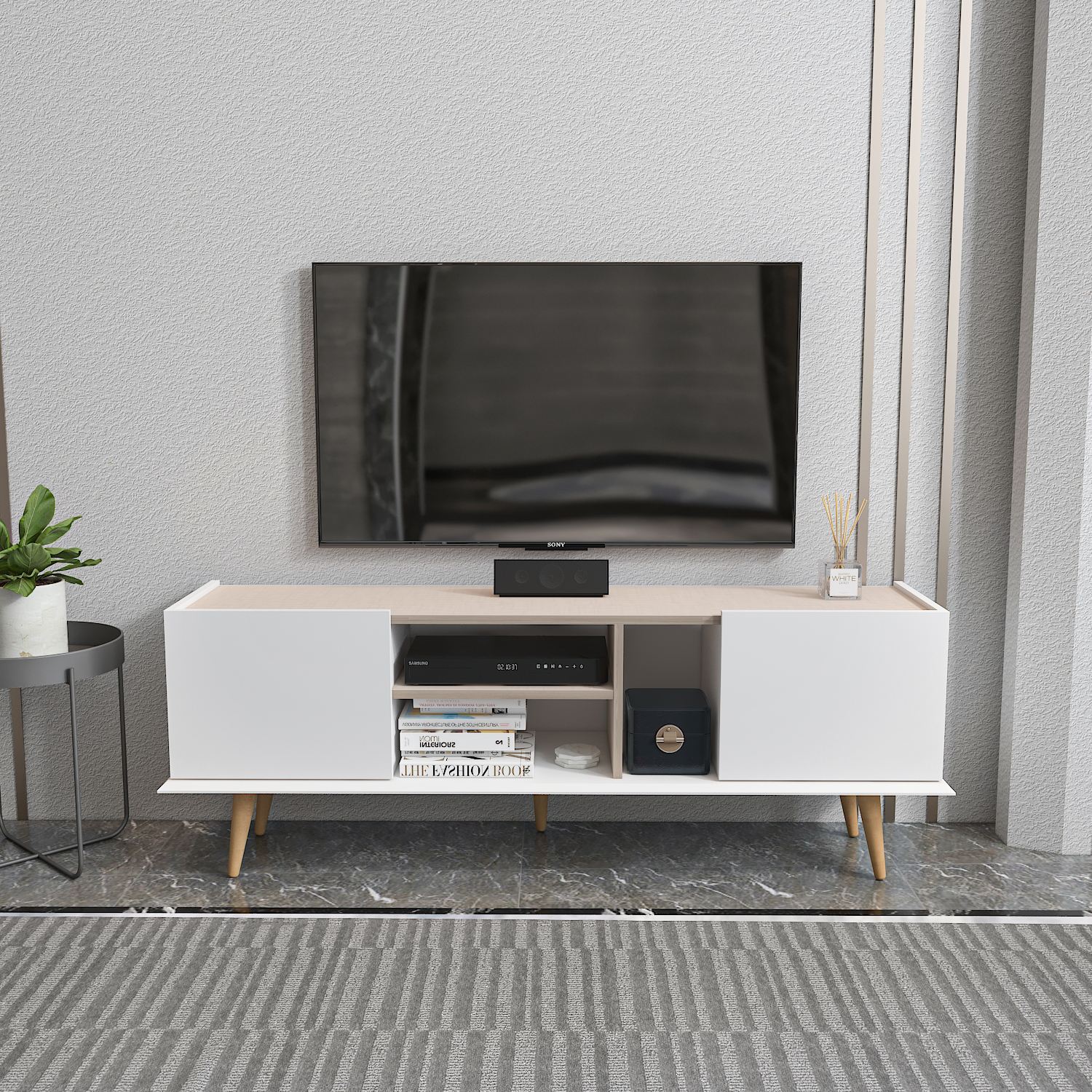 Comodă TV Hanah Home, PAL melaminat, 154.4 x 31.3 x 56.6 cm, alb/bej, 875ZNA5349 — imaginea 4