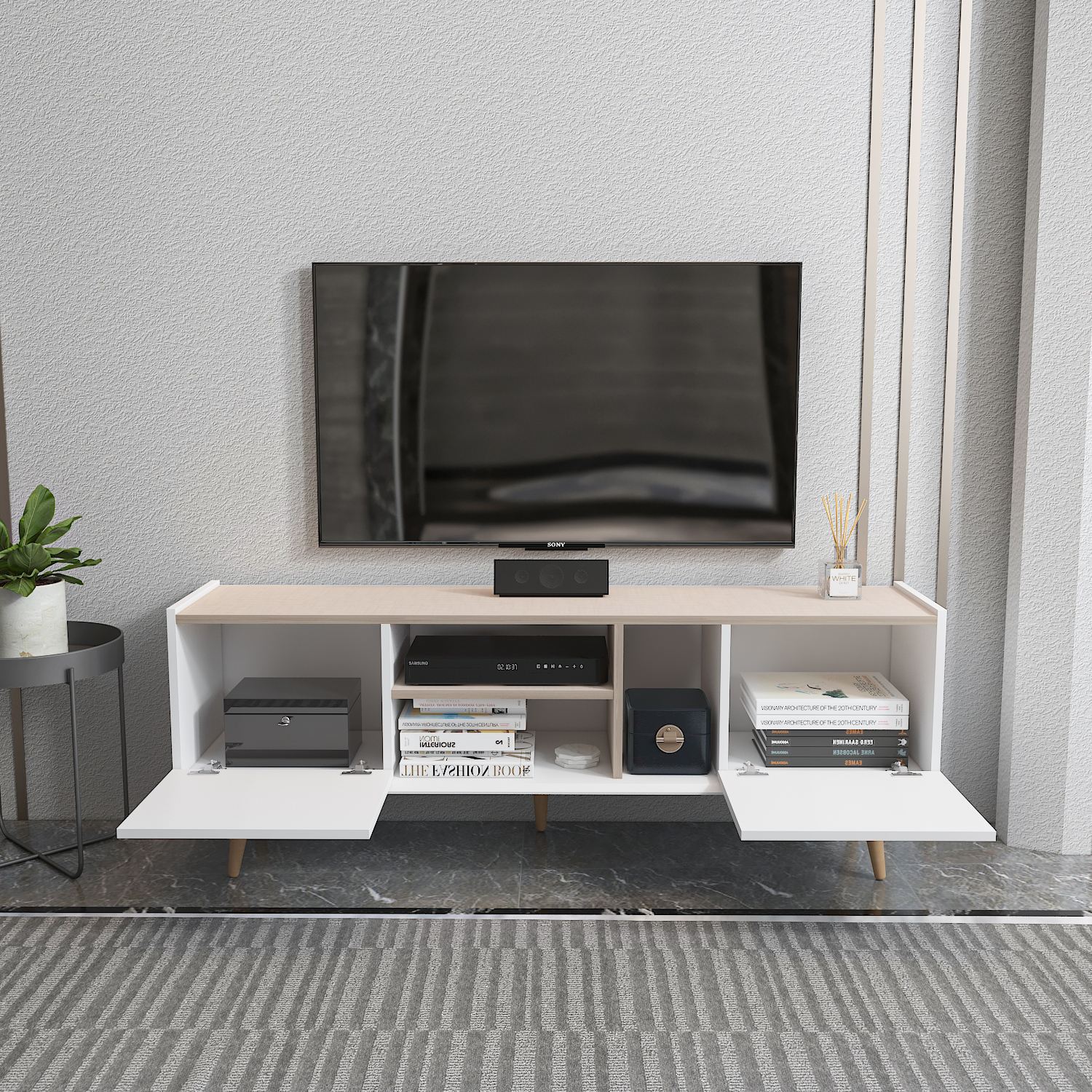 Comodă TV Hanah Home, PAL melaminat, 154.4 x 31.3 x 56.6 cm, alb/bej, 875ZNA5349 — imaginea 5