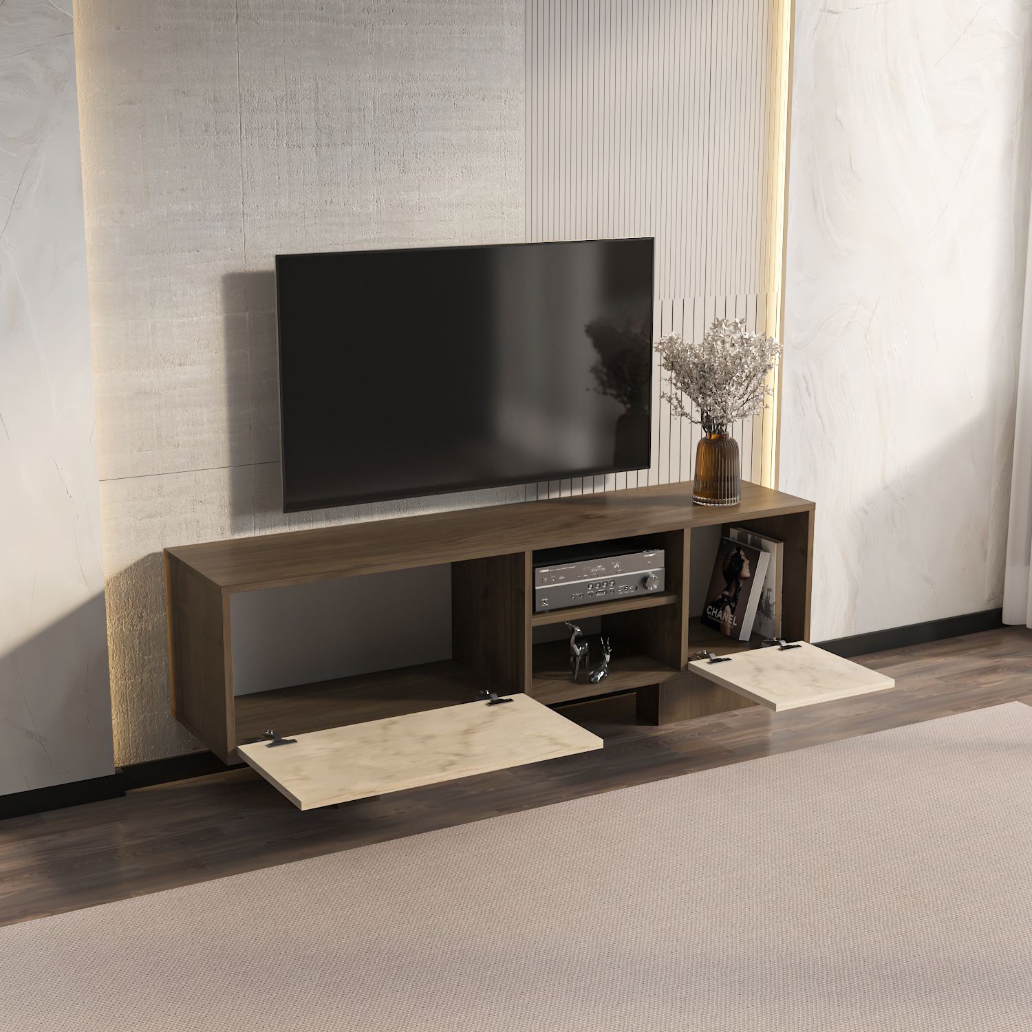 Comodă TV Hanah Home, PAL melaminat, 150 x 35 x 54 cm, nuc/travertine, 875ZNA5340 — imaginea 3