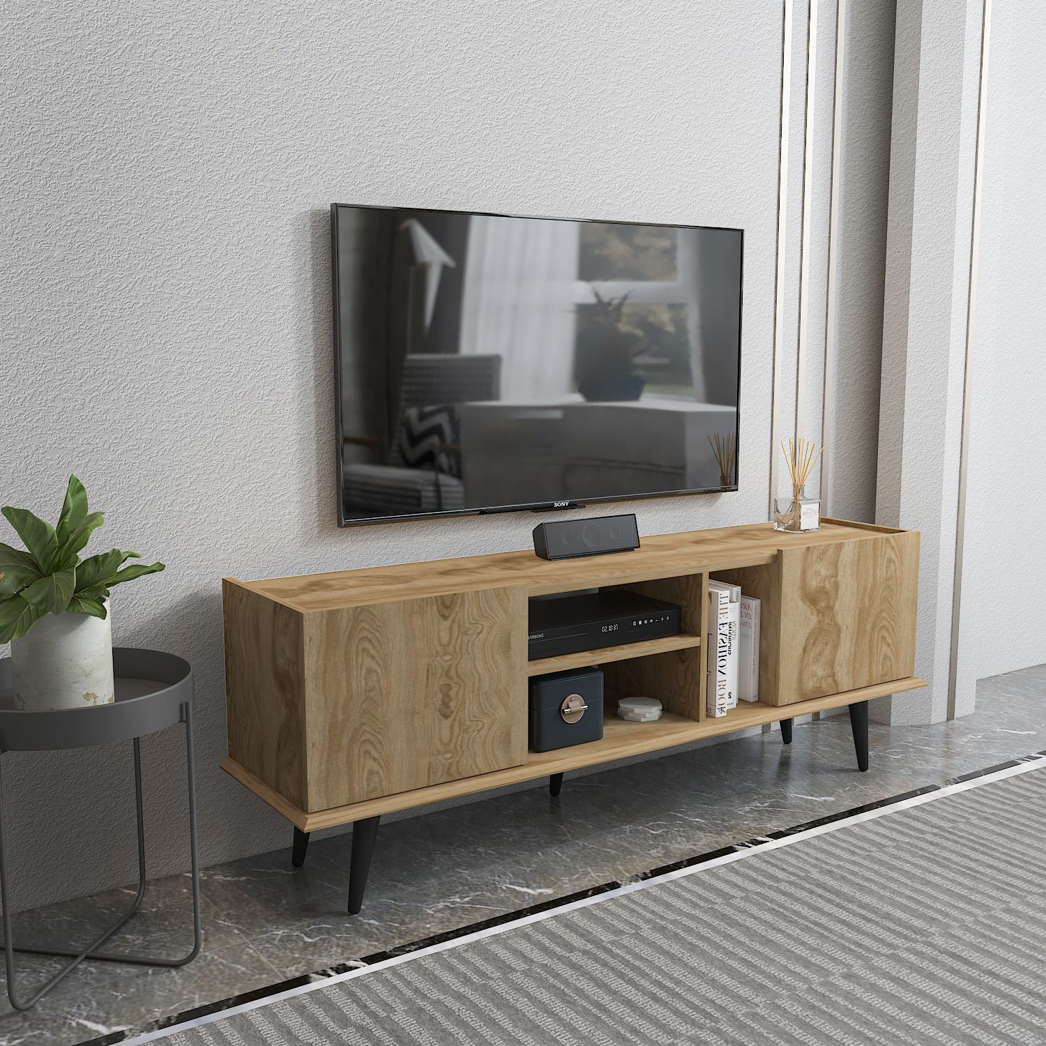 Comodă TV Hanah Home, PAL melaminat, 154.4 x 31.3 x 56.6 cm, oud stejar, 875ZNA5350 — imaginea 2