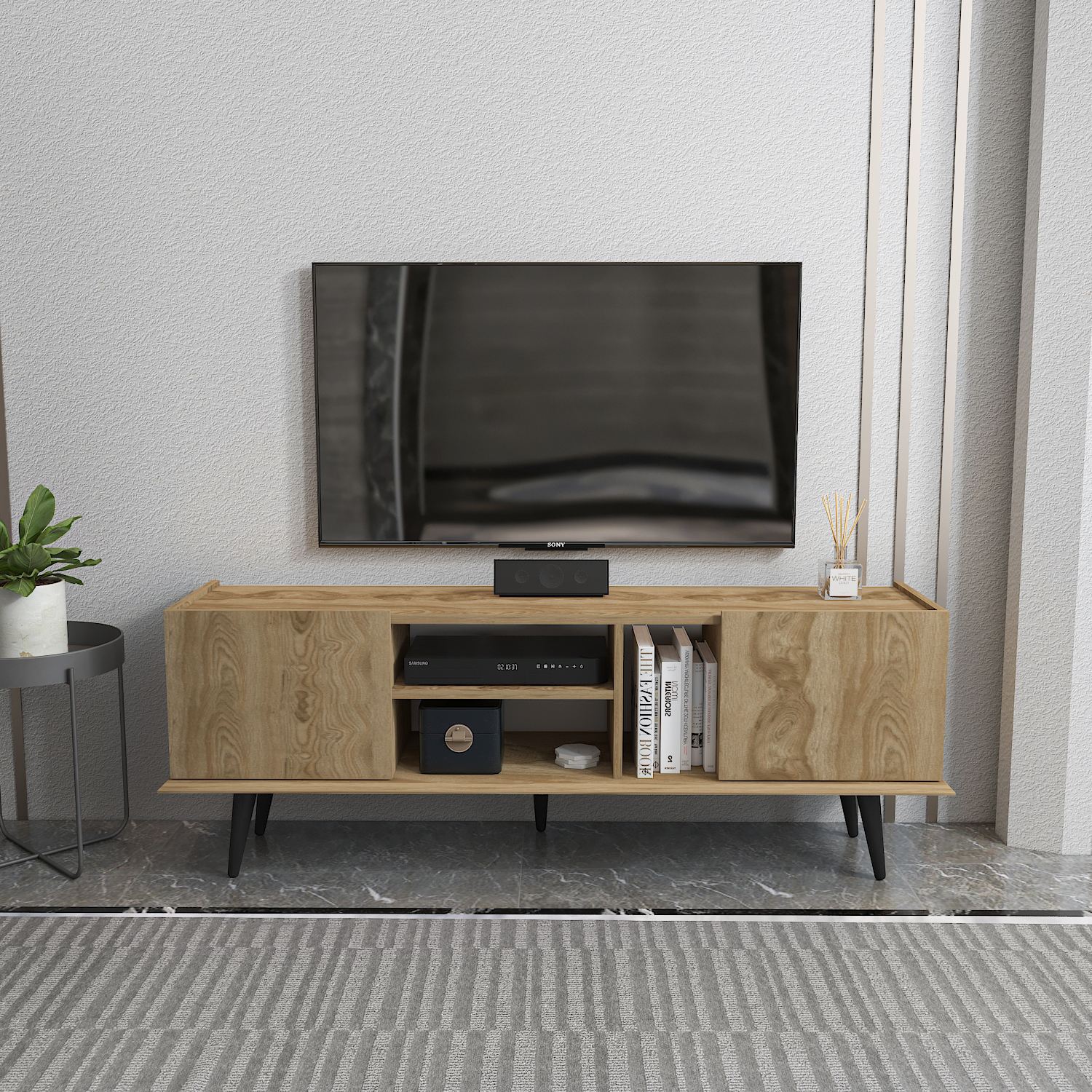 Comodă TV Hanah Home, PAL melaminat, 154.4 x 31.3 x 56.6 cm, oud stejar, 875ZNA5350 — imaginea 3