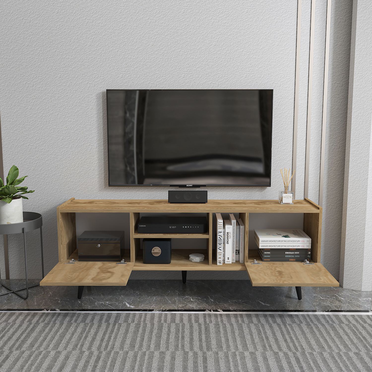 Comodă TV Hanah Home, PAL melaminat, 154.4 x 31.3 x 56.6 cm, oud stejar, 875ZNA5350 — imaginea 4