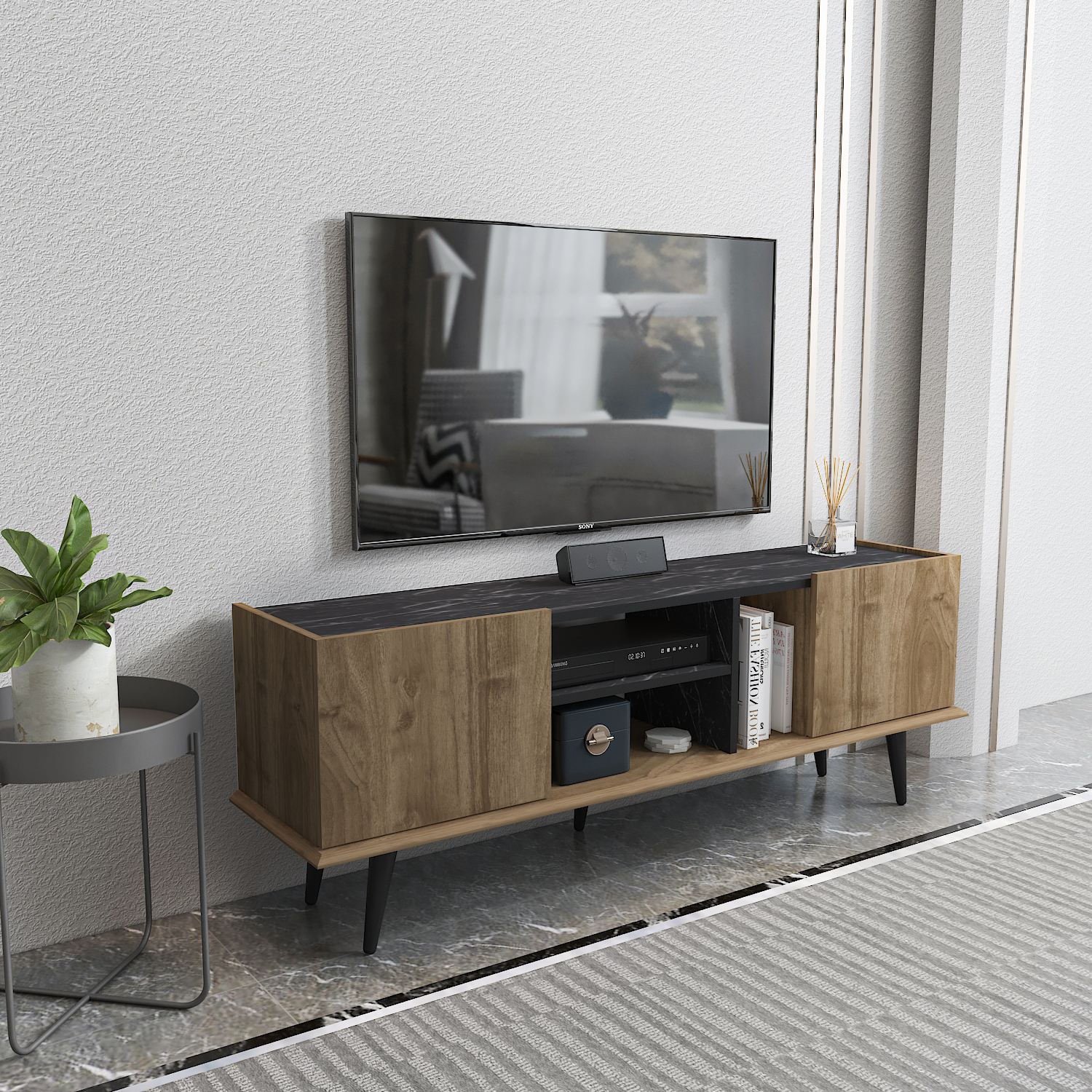 Comodă TV Hanah Home, PAL melaminat, 154.4 x 31.3 x 56.6 cm, nuc/negru, 875ZNA5348 — imaginea 3