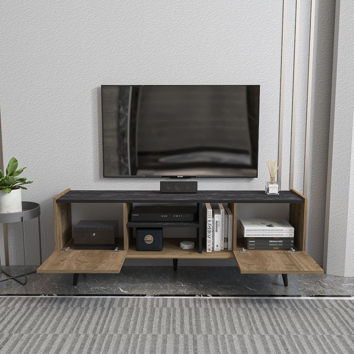 Comodă TV Hanah Home, PAL melaminat, 154.4 x 31.3 x 56.6 cm, nuc/negru, 875ZNA5348 — imaginea 5