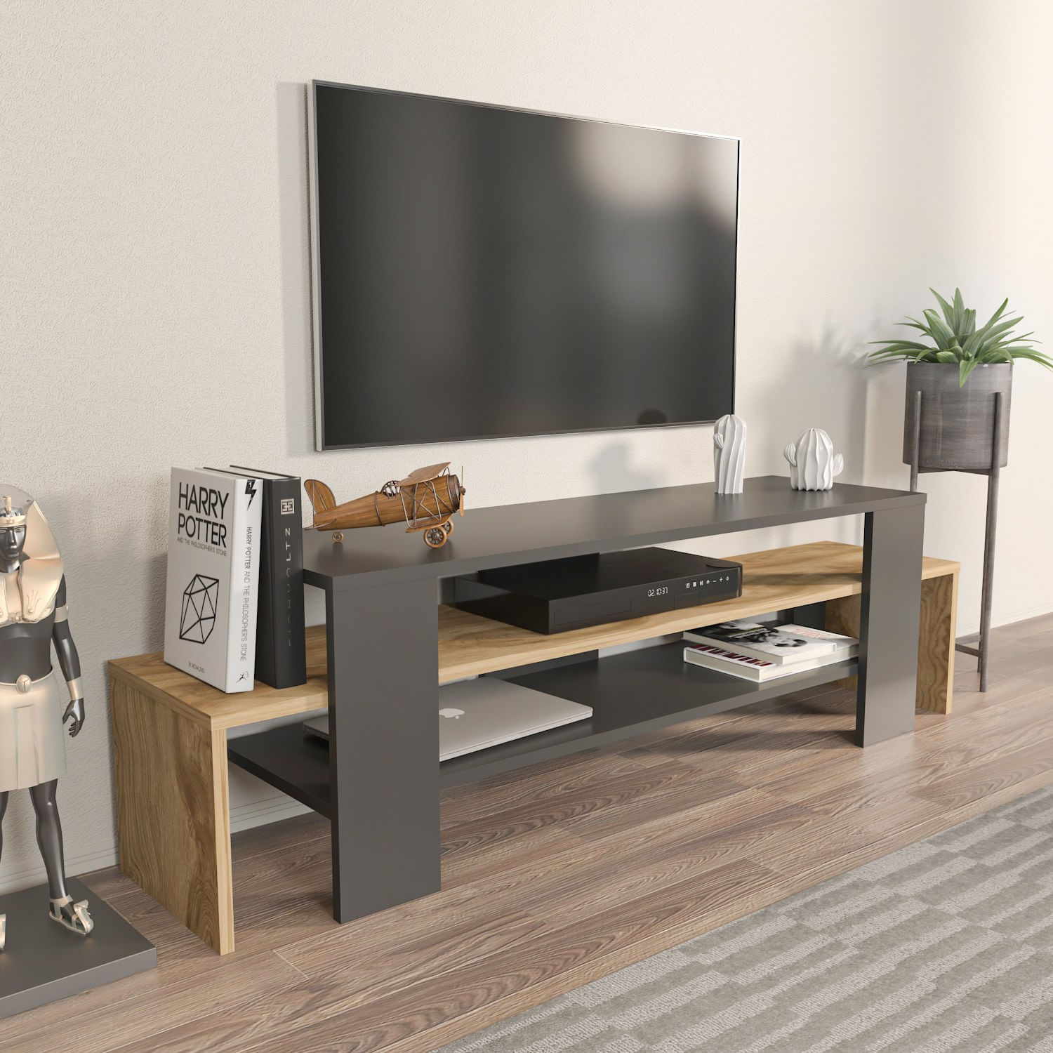 Comodă TV Hanah Home, PAL melaminat, 150 x 35 x 45 cm, negru/stejar, 875ZNA4602 — imaginea 3