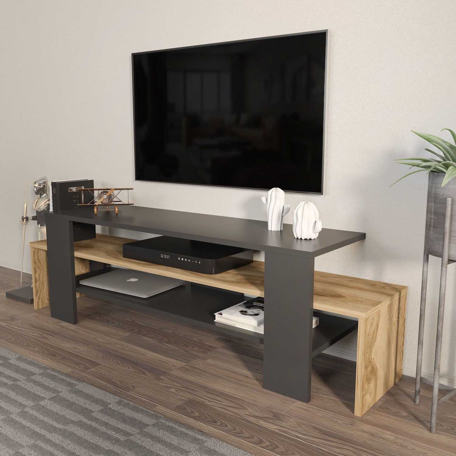 Comodă TV Hanah Home, PAL melaminat, 150 x 35 x 45 cm, negru/stejar, 875ZNA4602 — imaginea 4