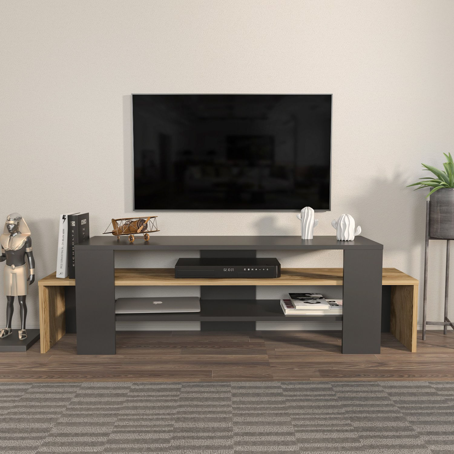 Comodă TV Hanah Home, PAL melaminat, 150 x 35 x 45 cm, negru/stejar, 875ZNA4602 — imaginea 5