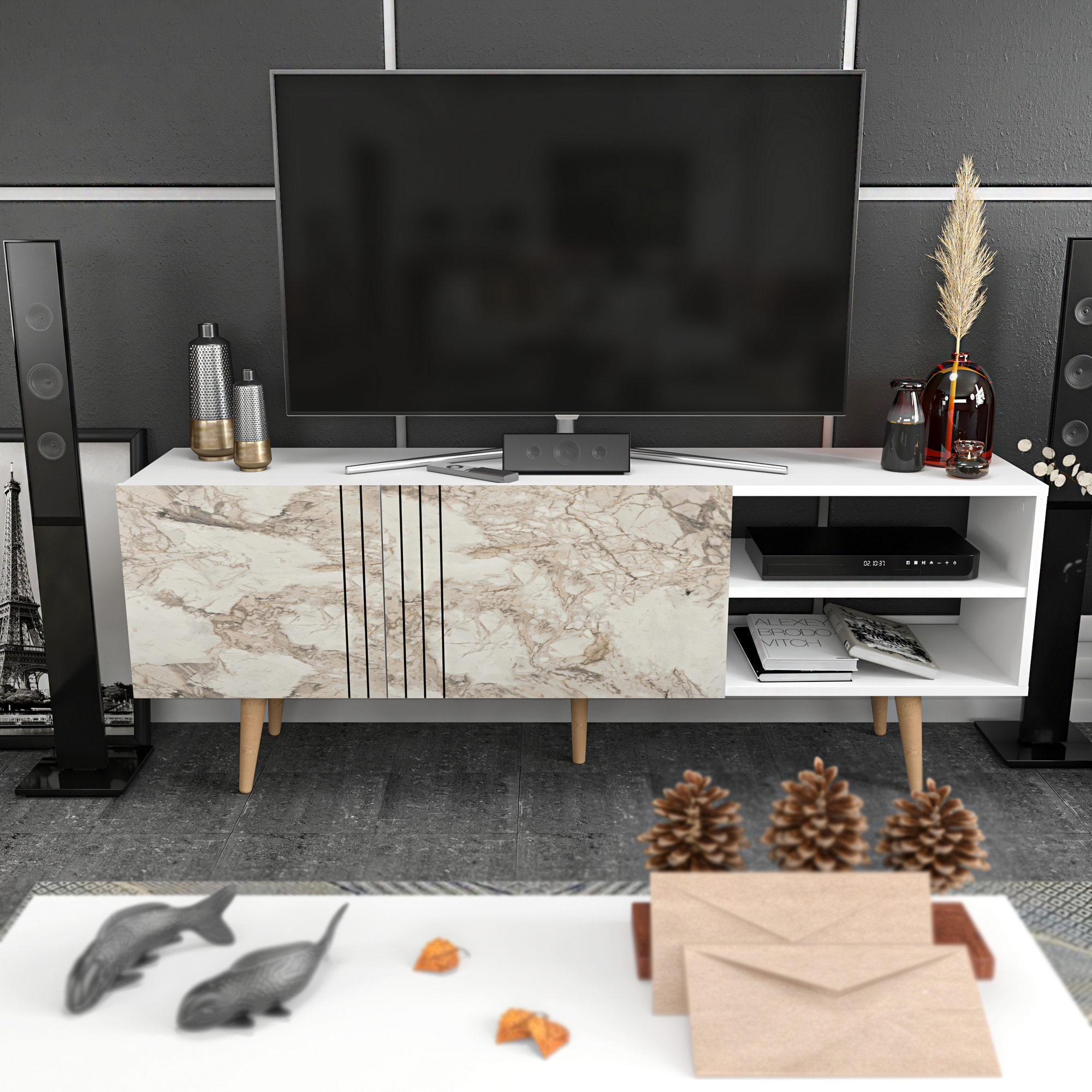 Comodă TV Hanah Home, PAL melaminat, 160 x 35 x 38.6 cm, alb, 322RTC2455 — imaginea 3