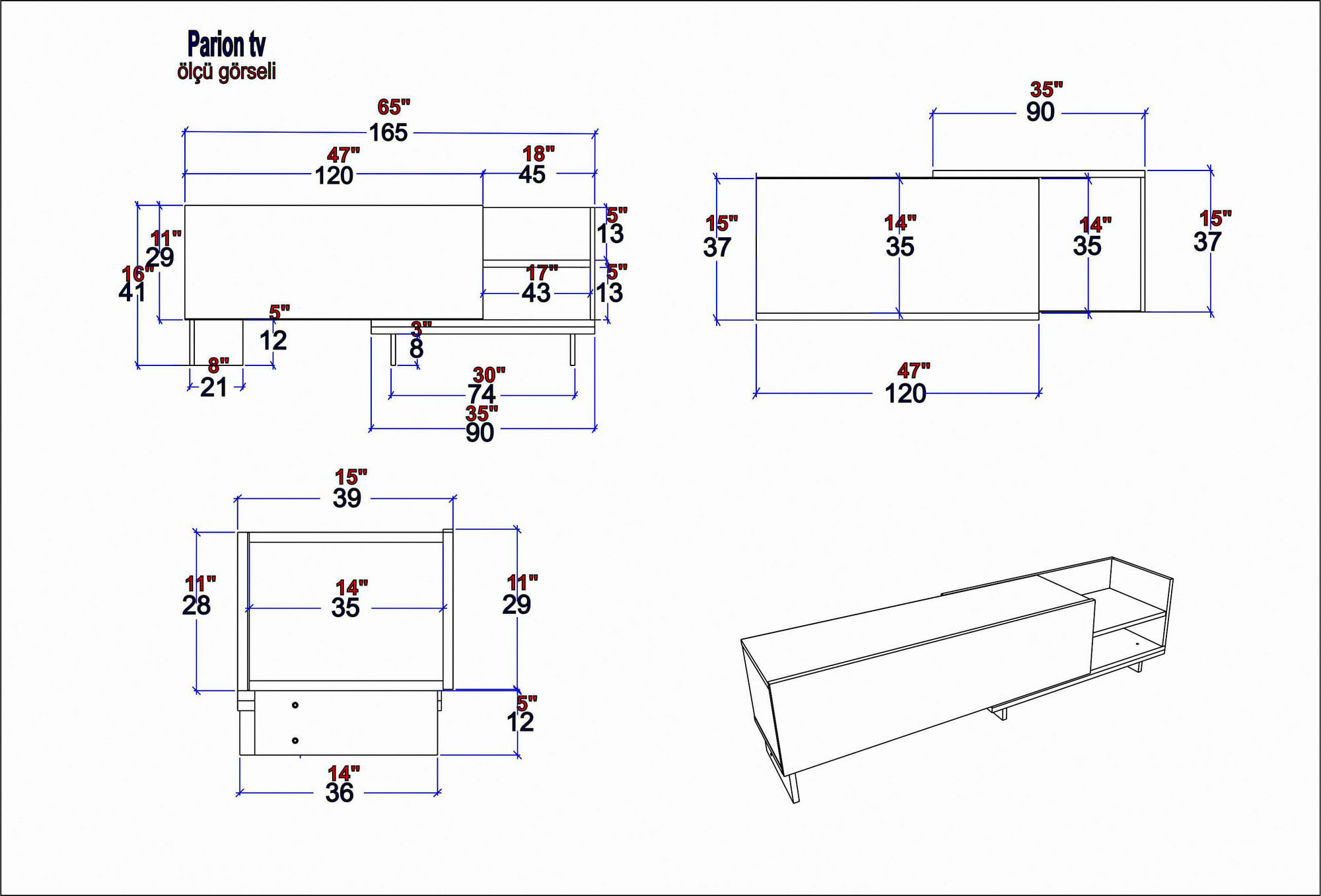 Comodă TV Hanah Home, PAL melaminat, 165 x 35 x 41 cm, alb/negru/nuc, 322RTC2454 — imaginea 2