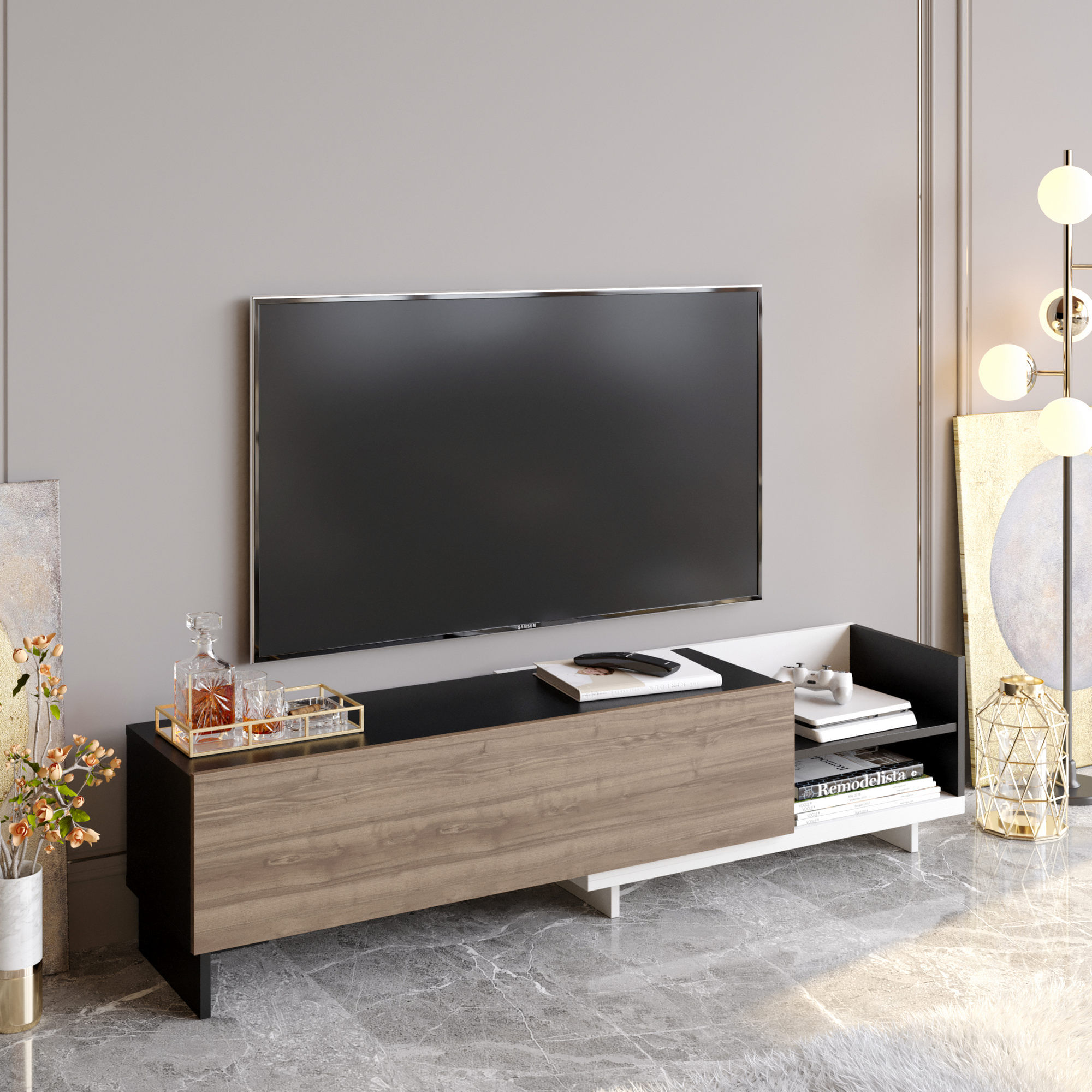 Comodă TV Hanah Home, PAL melaminat, 165 x 35 x 41 cm, alb/negru/nuc, 322RTC2454 — imaginea 3