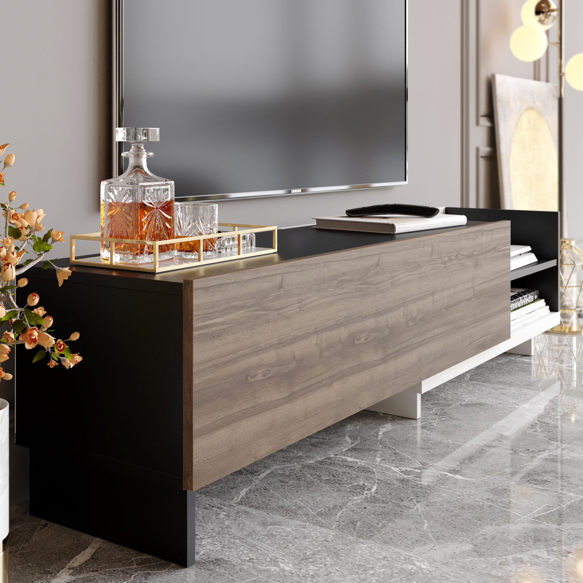 Comodă TV Hanah Home, PAL melaminat, 165 x 35 x 41 cm, alb/negru/nuc, 322RTC2454 — imaginea 4