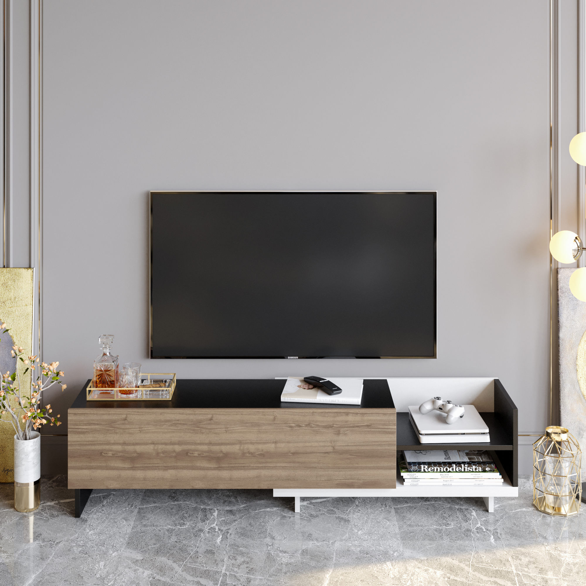 Comodă TV Hanah Home, PAL melaminat, 165 x 35 x 41 cm, alb/negru/nuc, 322RTC2454 — imaginea 5