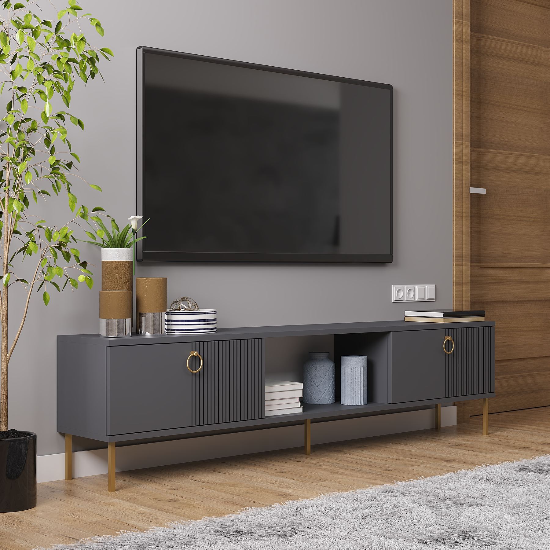 Comodă TV Hanah Home, PAL melaminat, 180 x 30 x 45 cm, antracit, 327ODS1604 — imaginea 4