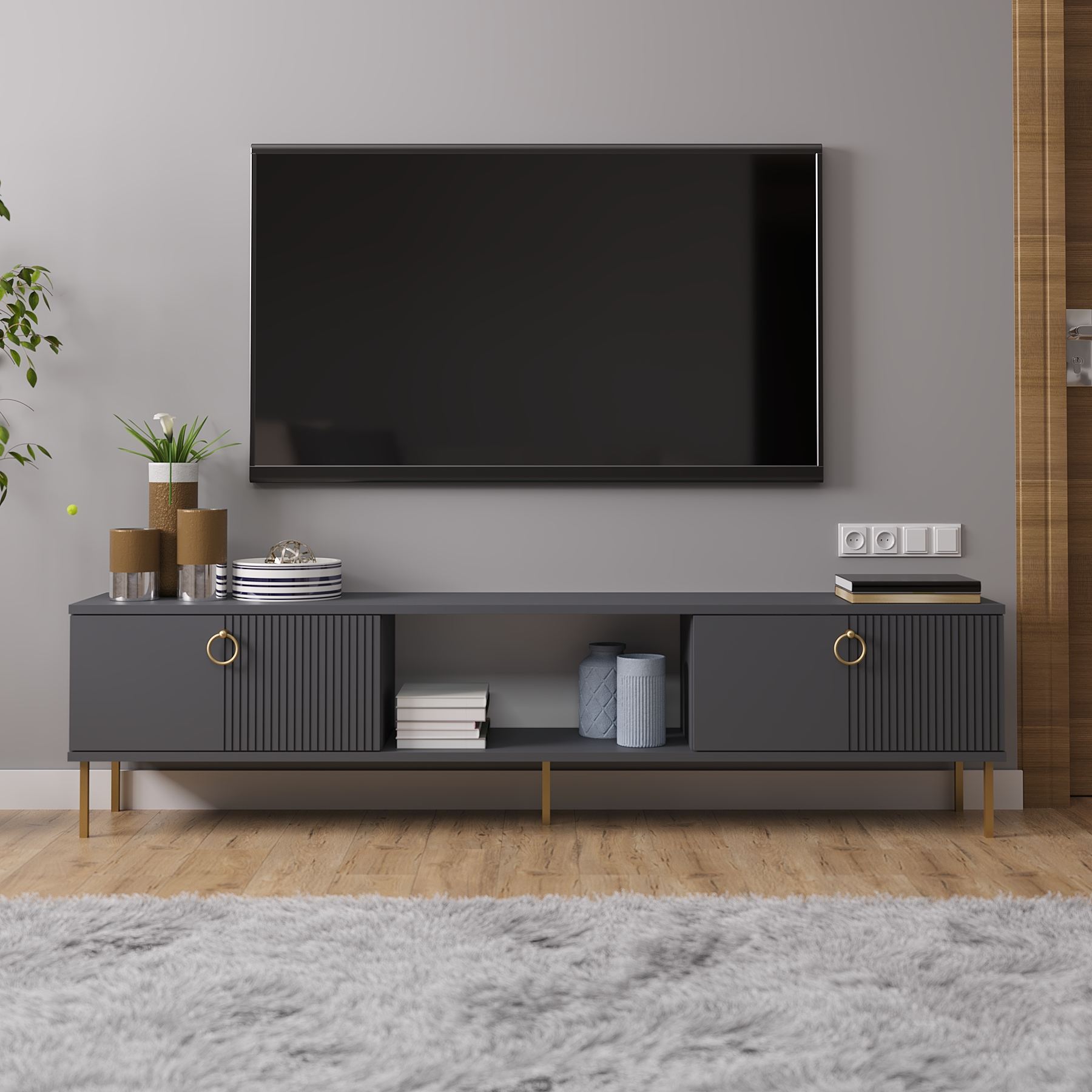 Comodă TV Hanah Home, PAL melaminat, 180 x 30 x 45 cm, antracit, 327ODS1604 — imaginea 5