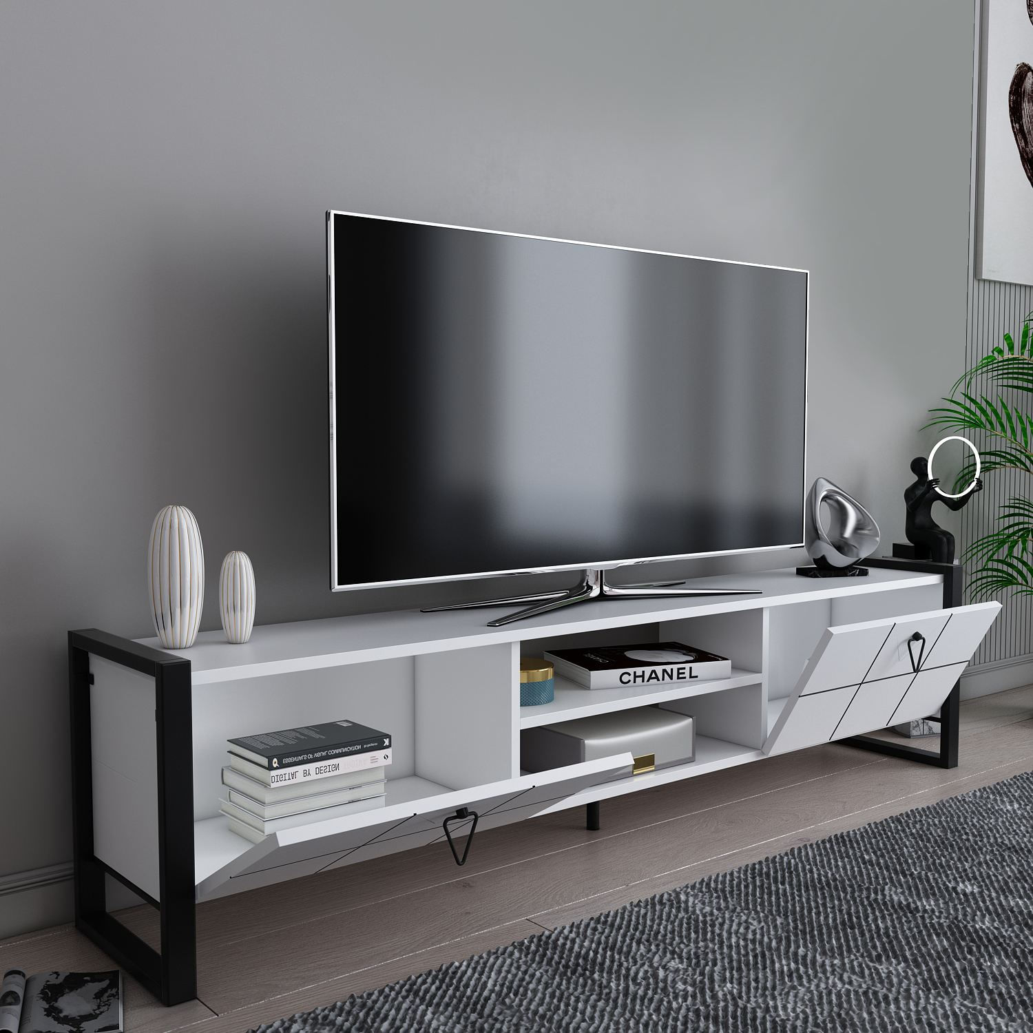 Comodă TV Hanah Home, PAL melaminat, 184 x 34 x 45 cm, alb/negru, 875ZNA5322 — imaginea 2