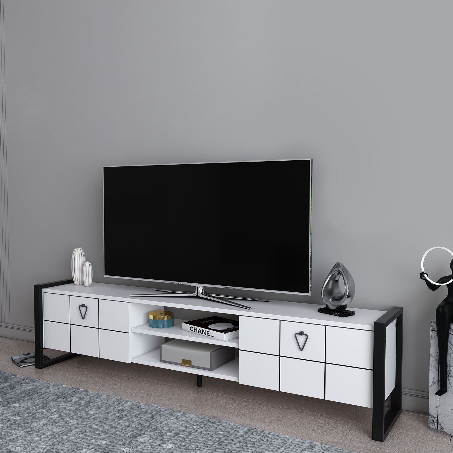Comodă TV Hanah Home, PAL melaminat, 184 x 34 x 45 cm, alb/negru, 875ZNA5322 — imaginea 3