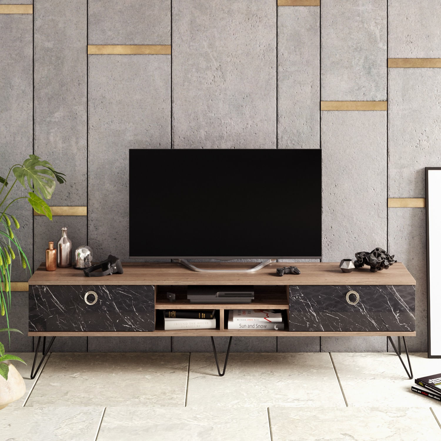 Comodă TV Hanah Home, PAL melaminat, 180 x 35.2 x 45.6 cm, nuc/negru, 875ZNA3053