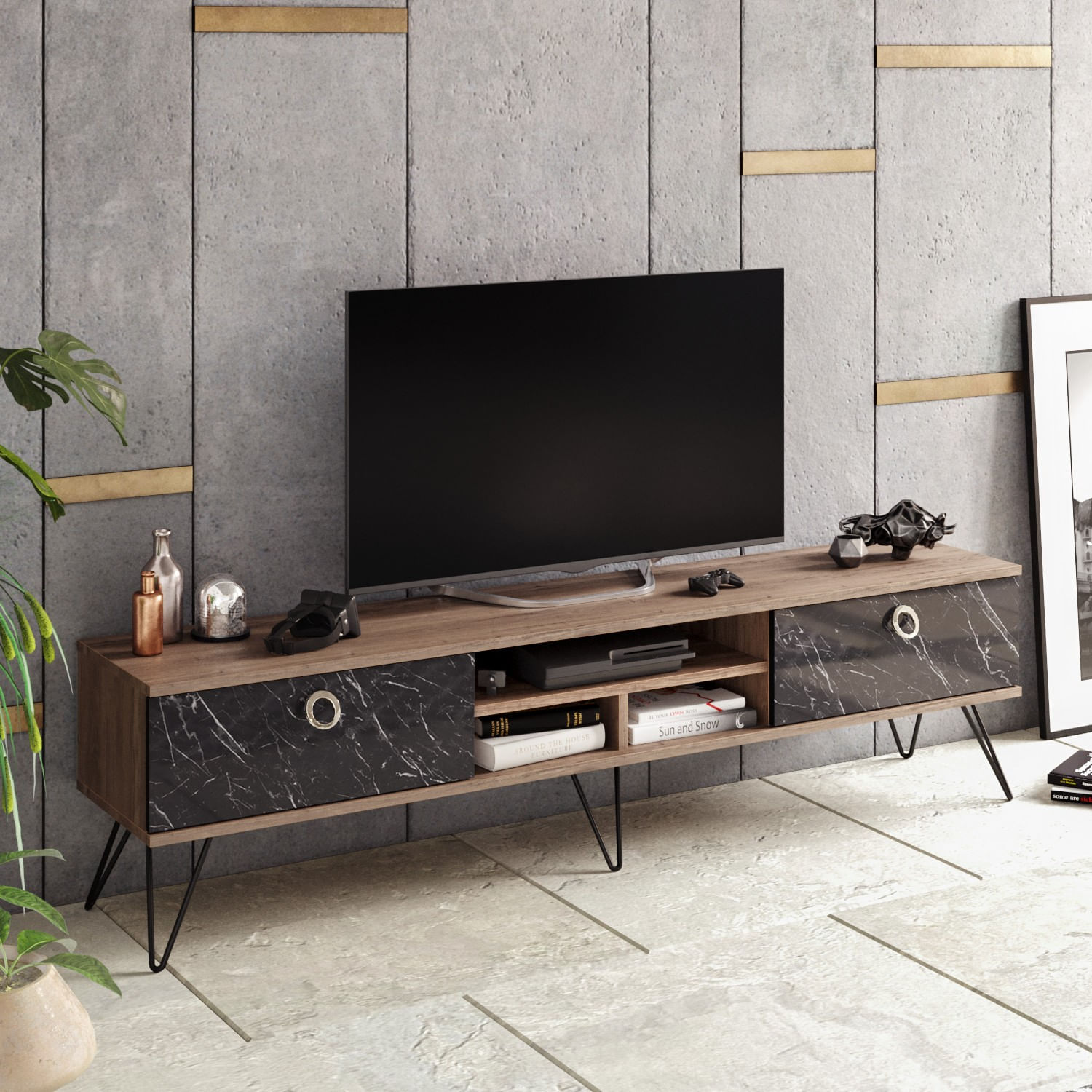 Comodă TV Hanah Home, PAL melaminat, 180 x 35.2 x 45.6 cm, nuc/negru, 875ZNA3053 — imaginea 2