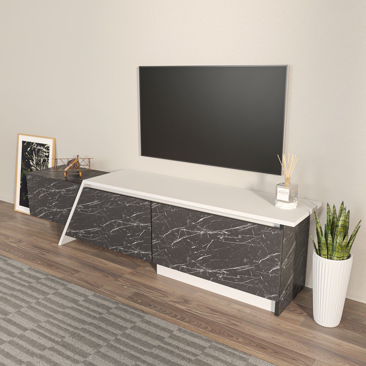 Comodă TV Hanah Home, PAL melaminat, 180 x 35 x 28.6 cm, gri/alb, 875ZNA5334 — imaginea 2